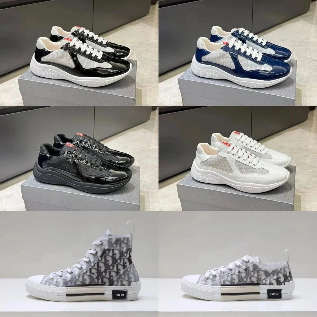 Prada Patent Leather Mesh Chunky Sneakers White Black Blue