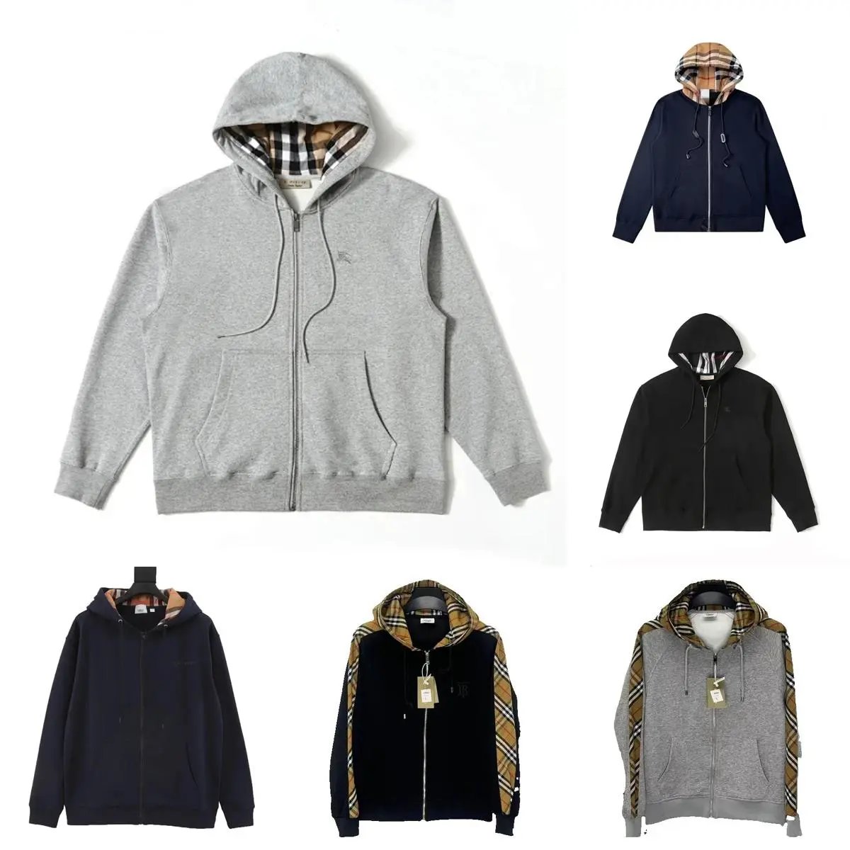 Burberry Check Lined Zip-Up Hoodie Casual Cotton Sweatshirt Gray