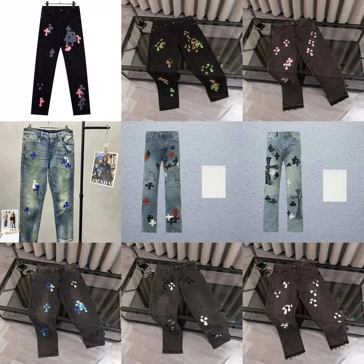 Chrome Hearts Cross Patch Denim Jeans Streetwear Pants Black and Blue