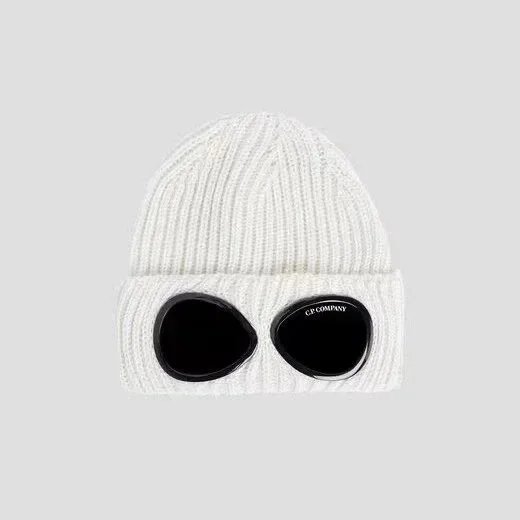 C.P. Company Goggle Beanie Ribbed Knit Hat White