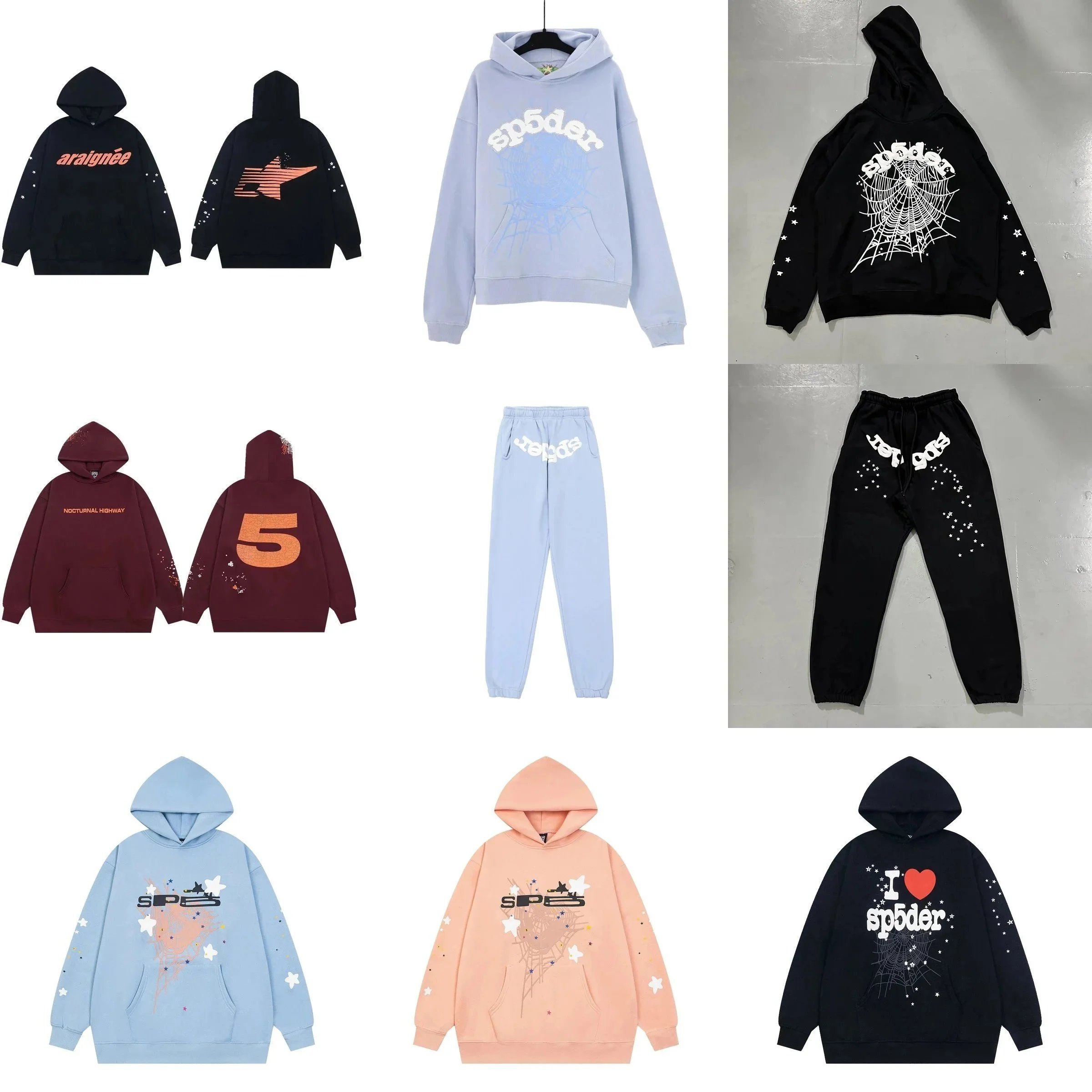 Sp5der Graphic Print Streetwear Hoodie and Sweatpants Set Multicolor
