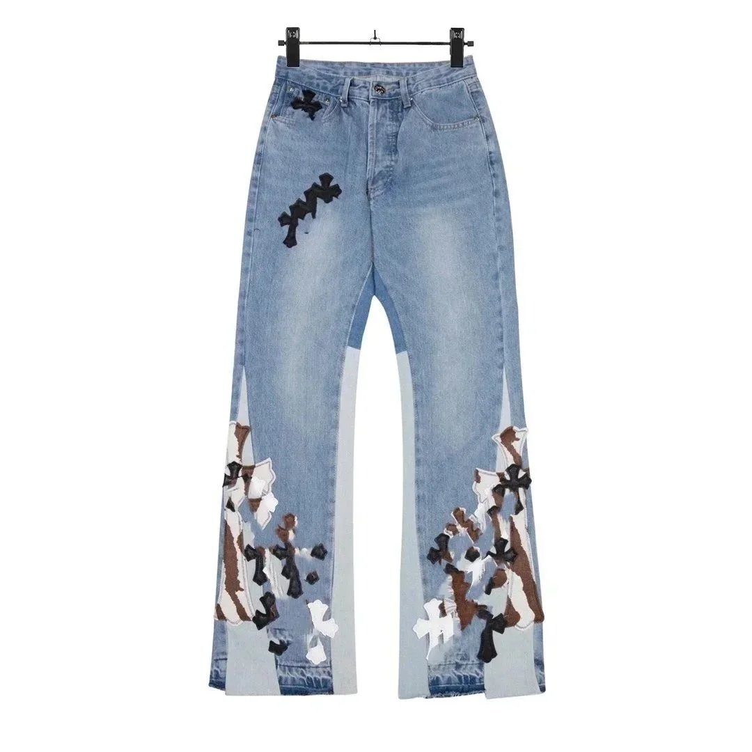Chrome Hearts Cross Patch Denim Jeans Distressed Wide Leg Pants Blue