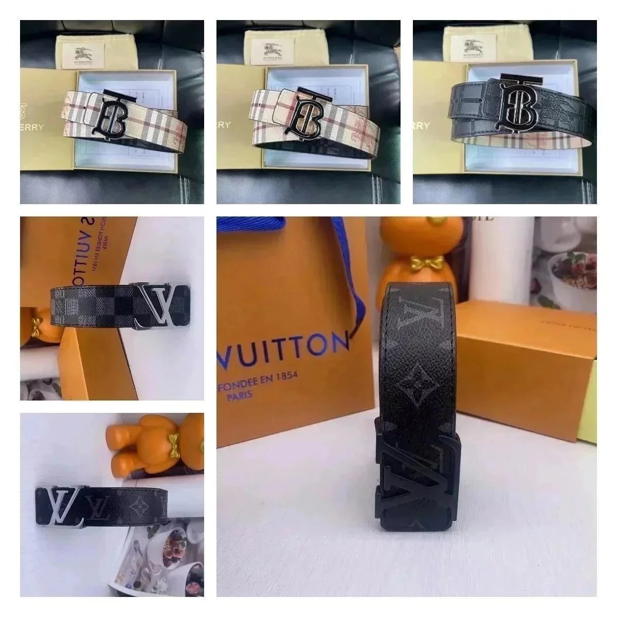 Burberry TB Monogram Classic Leather Belt Beige and Black