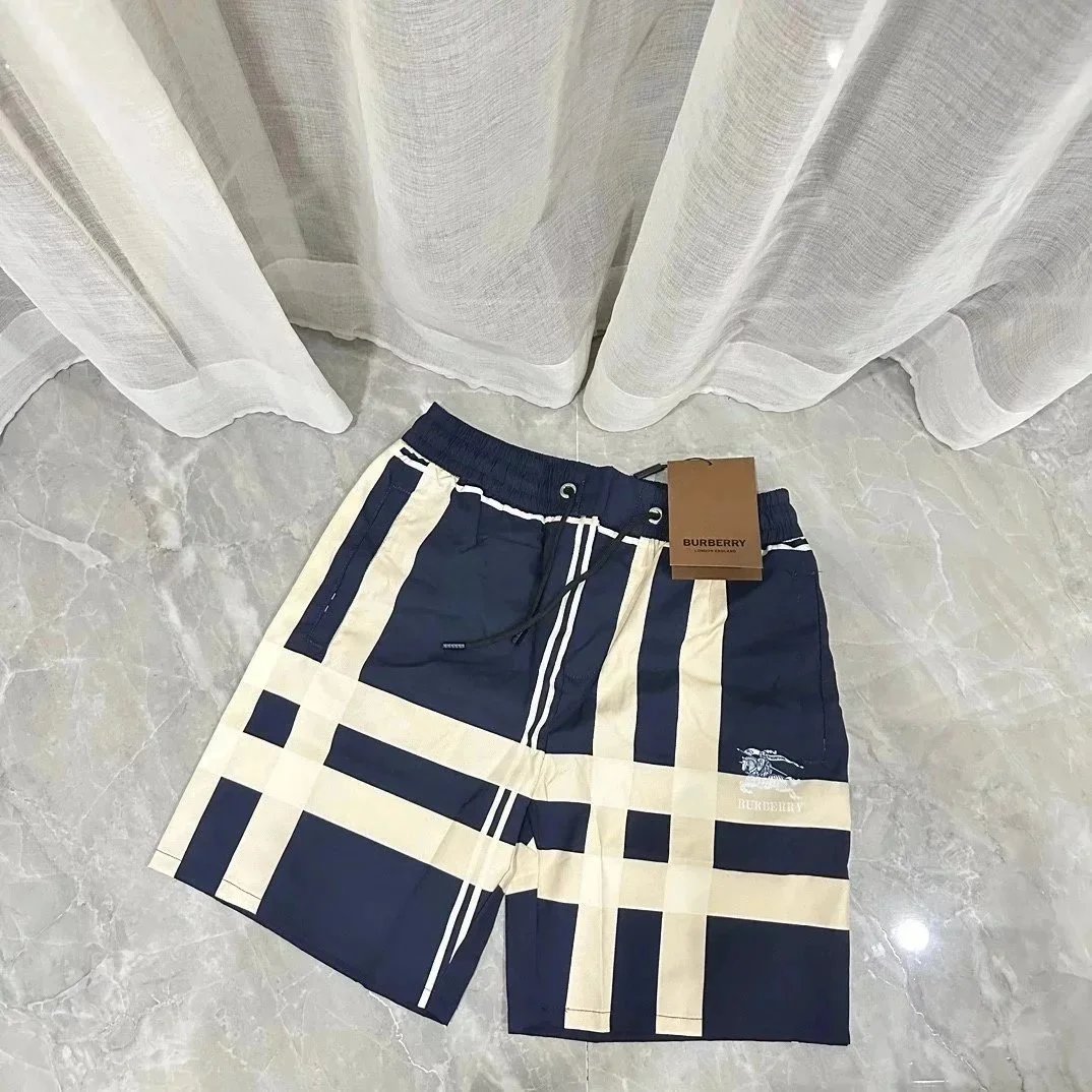 Burberry Check Print Casual Swim Shorts Navy and Beige