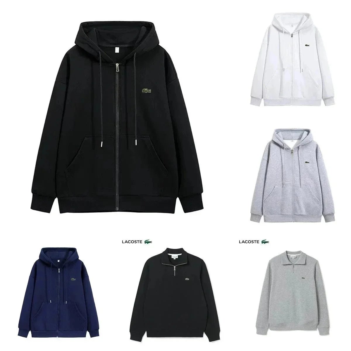 Lacoste Zip-Up Hoodie Casual Cotton Sweatshirt Black White Gray Navy