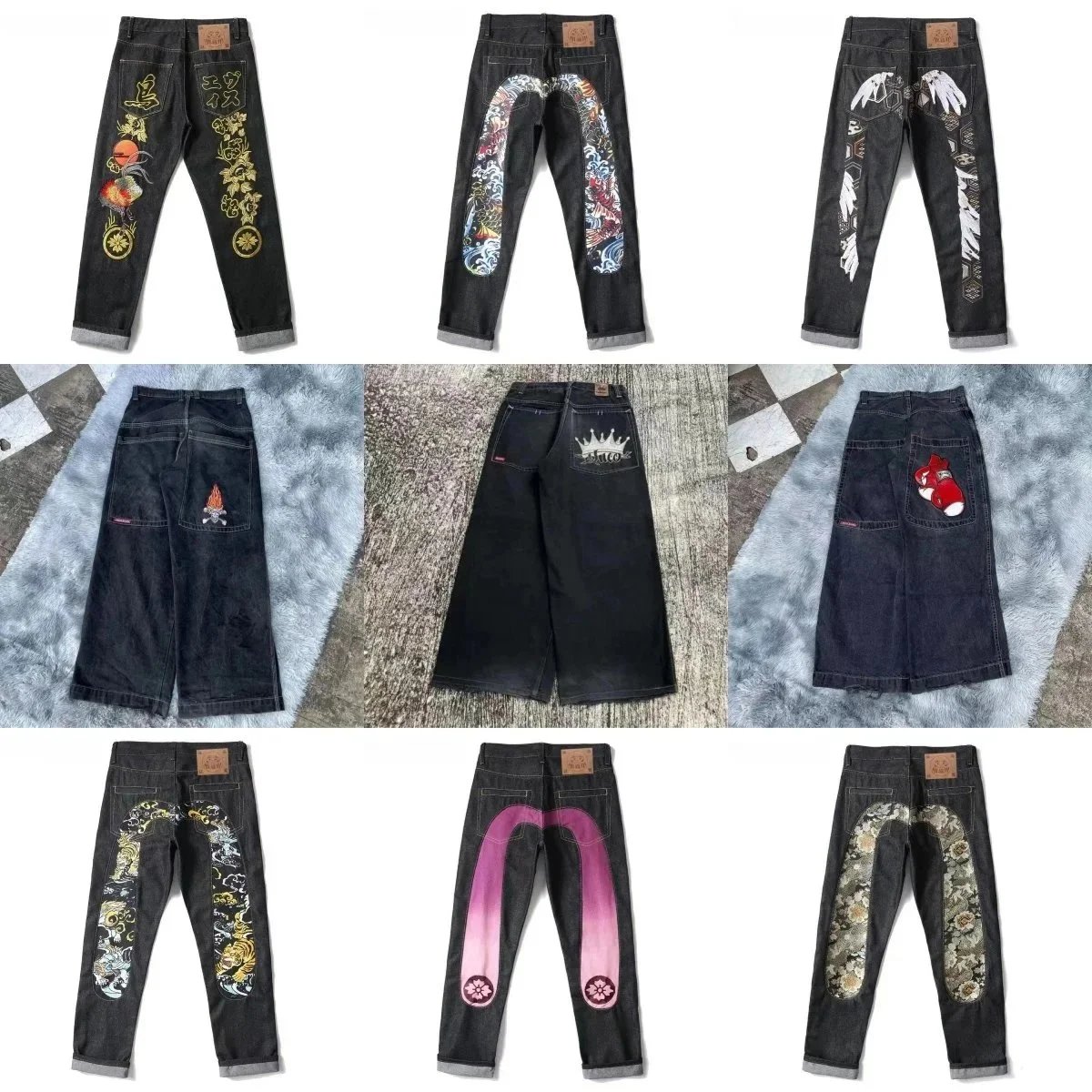 Evisu Daicock Embroidered Streetwear Jeans Black