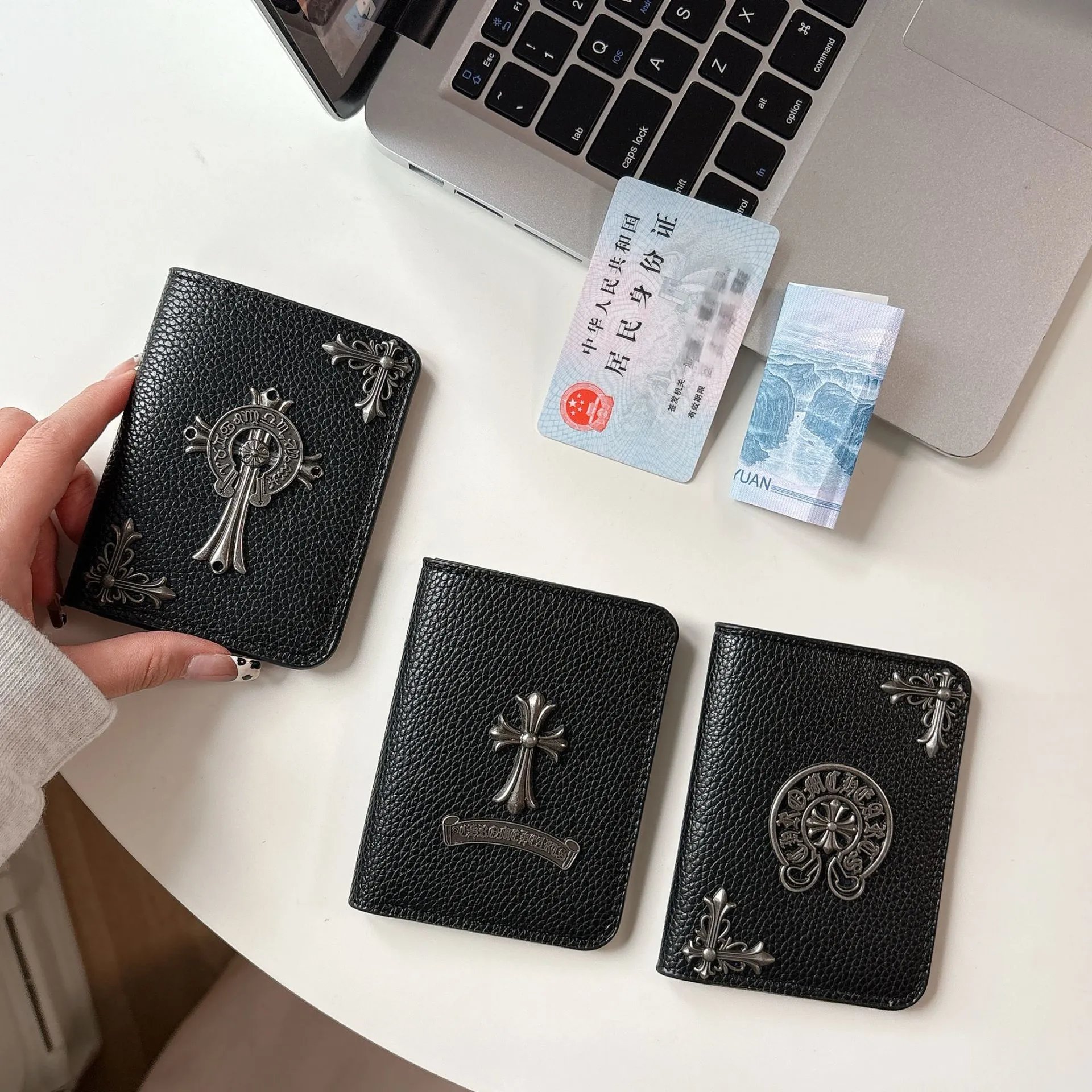 Chrome Hearts Cross Leather Passport Holder Gothic Card Holder Black