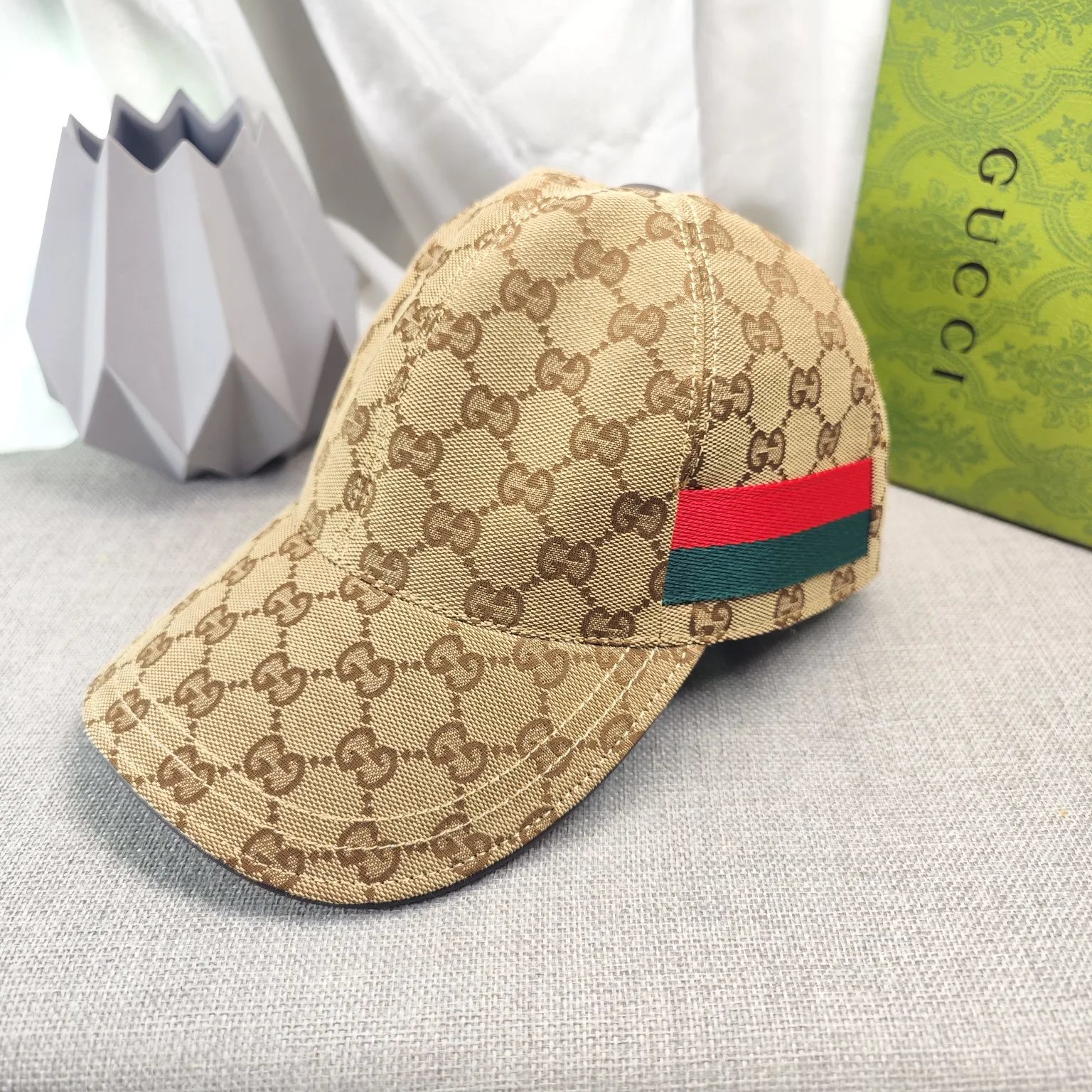 Gucci Original GG Canvas Baseball Cap Web Stripe Headwear Beige