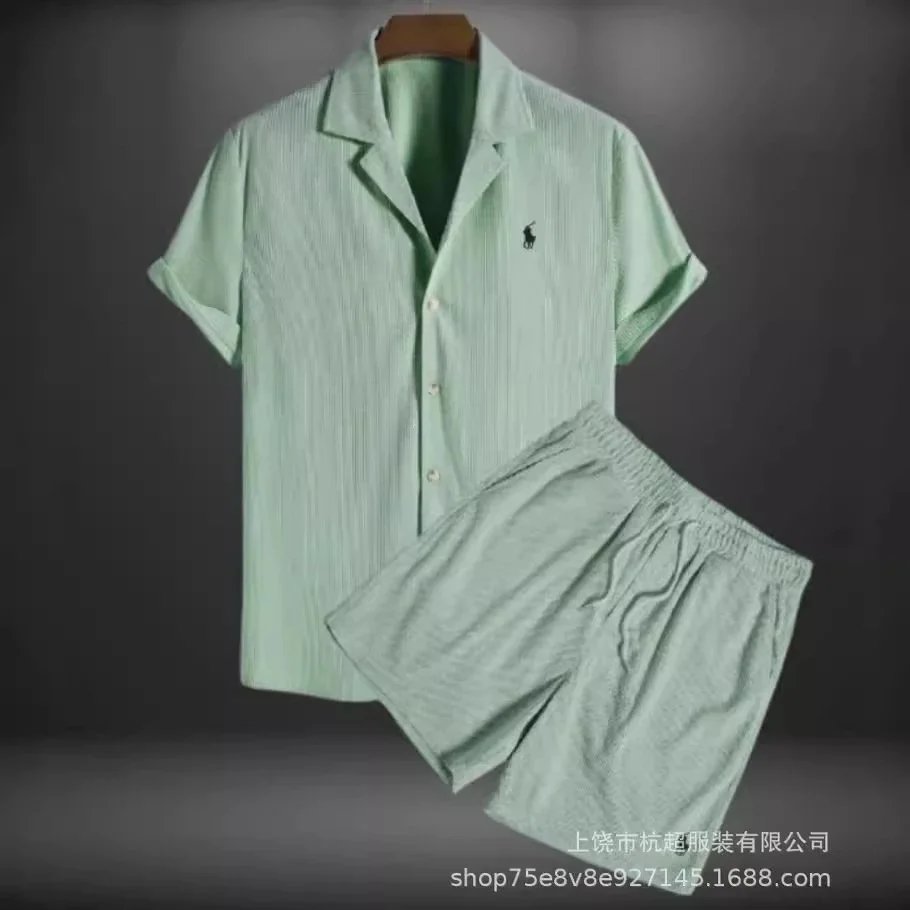 Ralph Lauren Casual Short Sleeve Button-Down Shirt and Shorts Set Light Green
