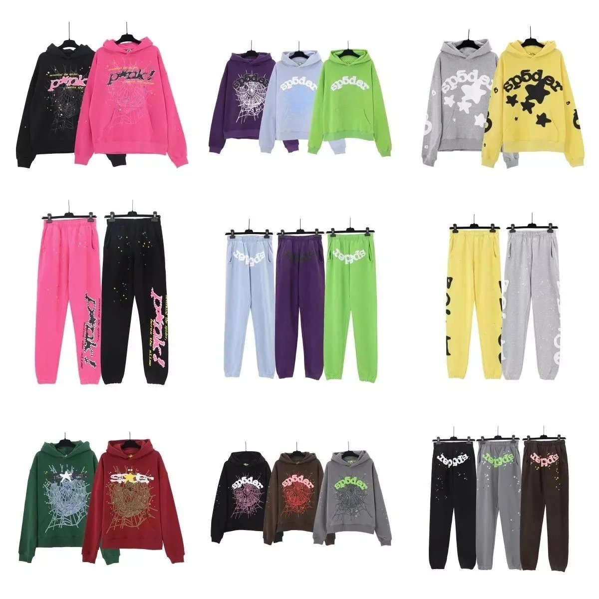 Sp5der Graphic Print Streetwear Hoodie and Sweatpants Set Multicolor