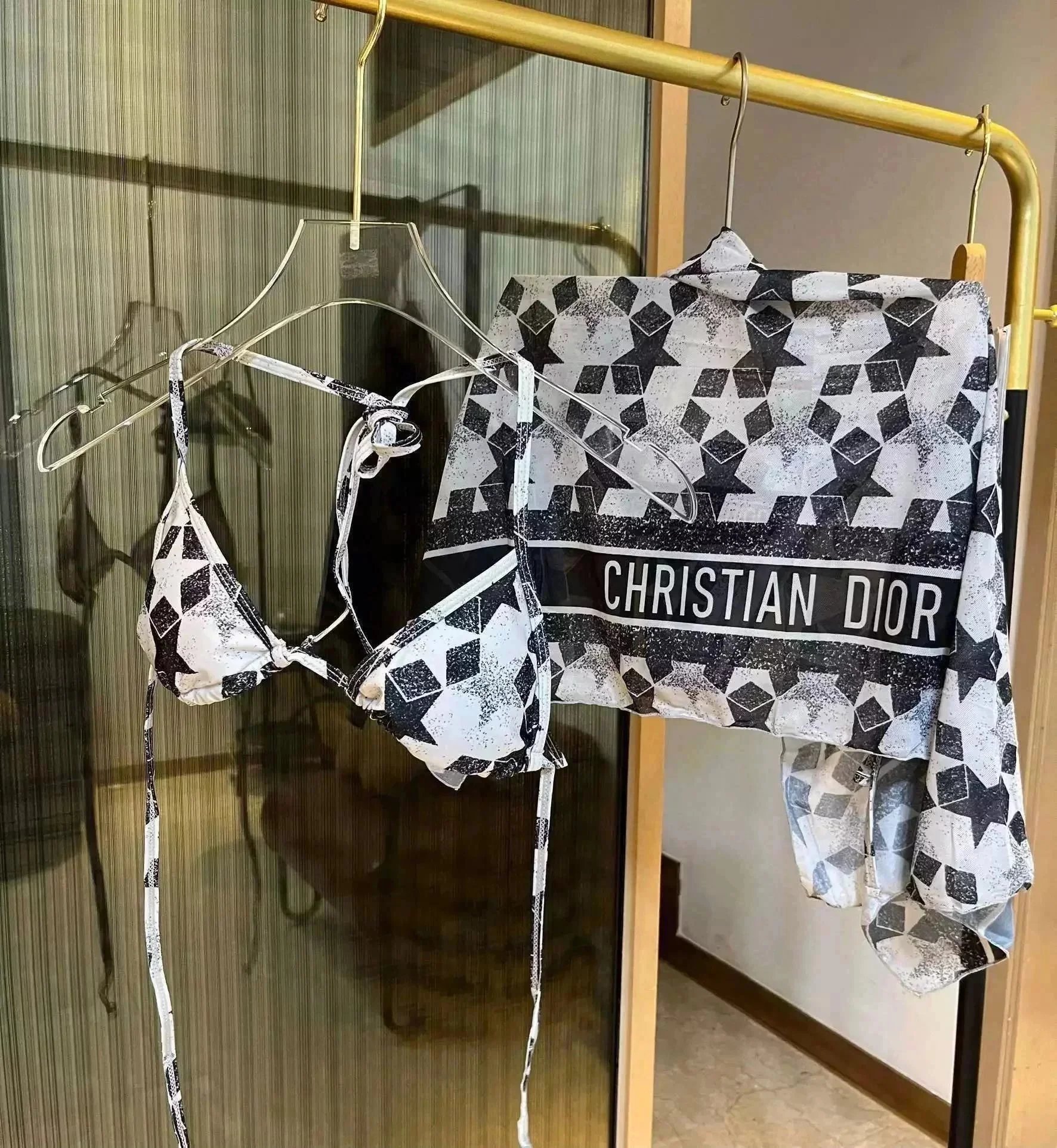 Christian Dior Star Print Stylish Bikini Set Black and White