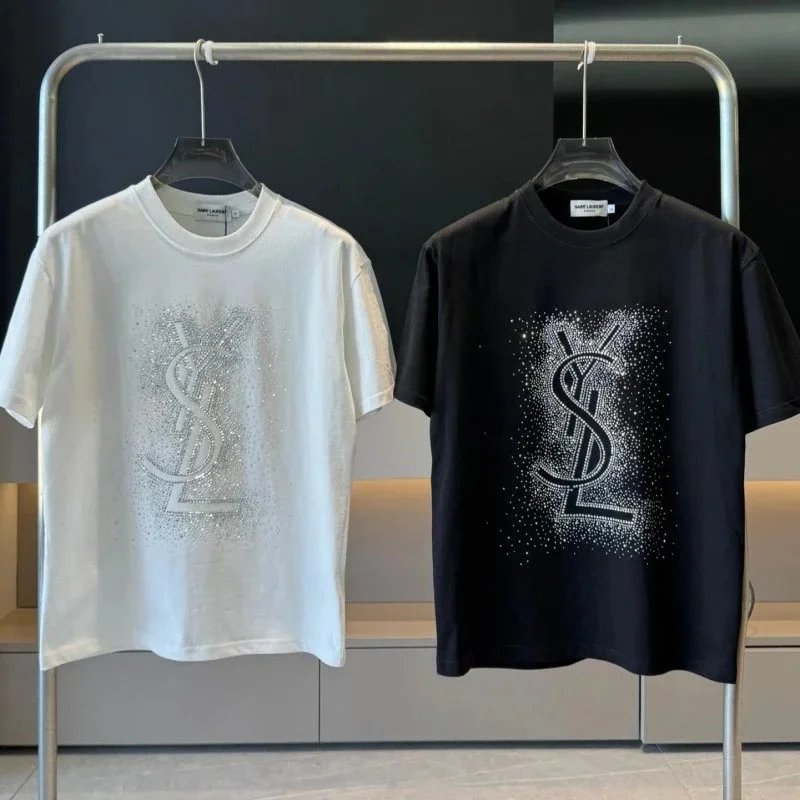 Saint Laurent YSL Crystal Embellished Graphic Tee T-Shirt Black and White