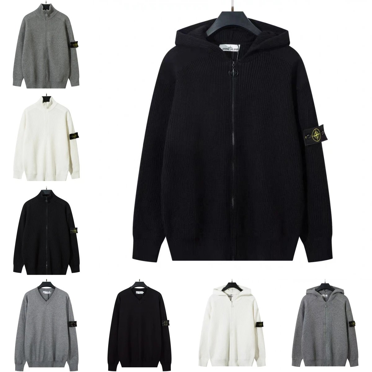 Stone Island Knit Zip-Up Hoodie Casual Sweater Black