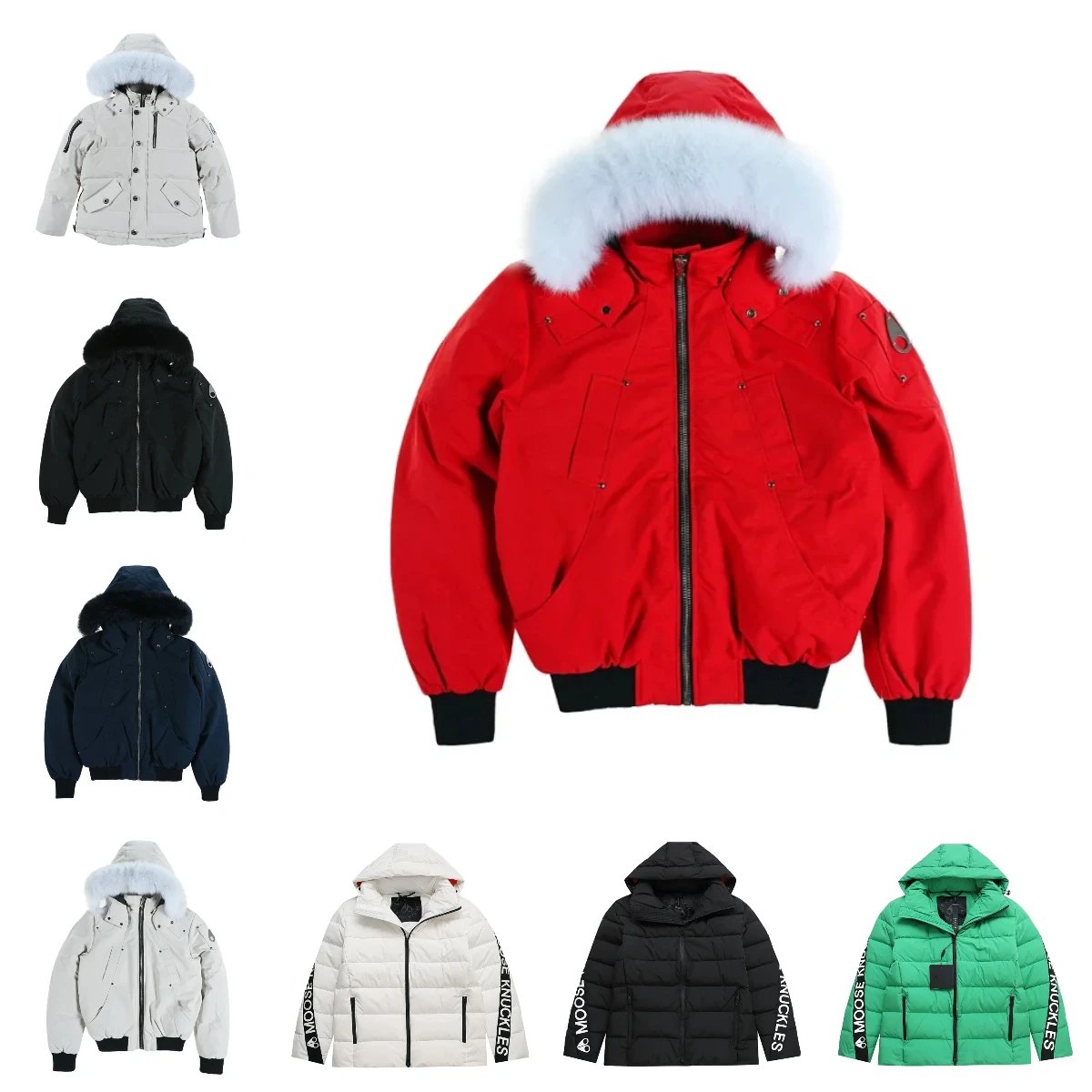 Moose Knuckles Stirling Bomber Fur Hooded Puffer Jacket Red