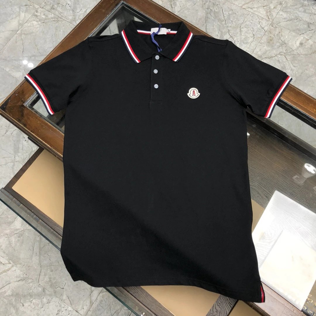 Moncler Striped Trim Cotton Polo Shirt Black