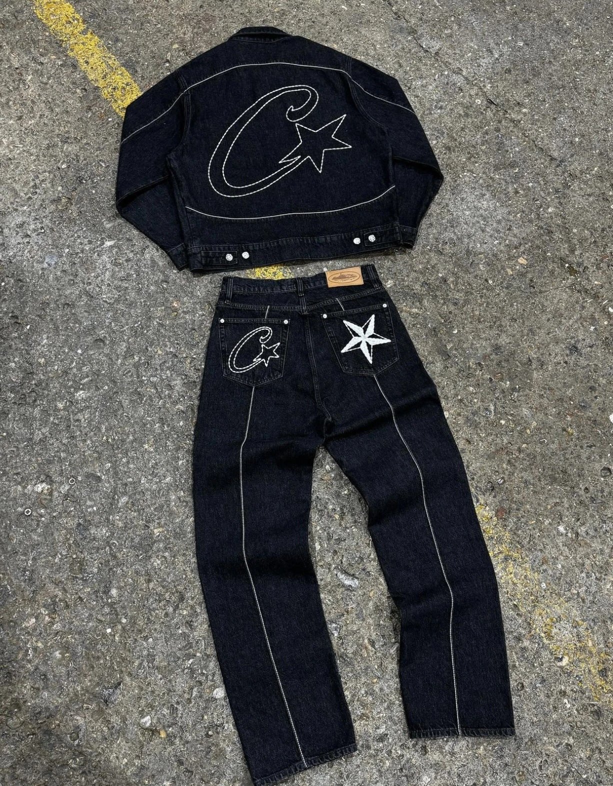 Corteiz Star Denim Matching Set Streetwear Jacket and Jeans Black
