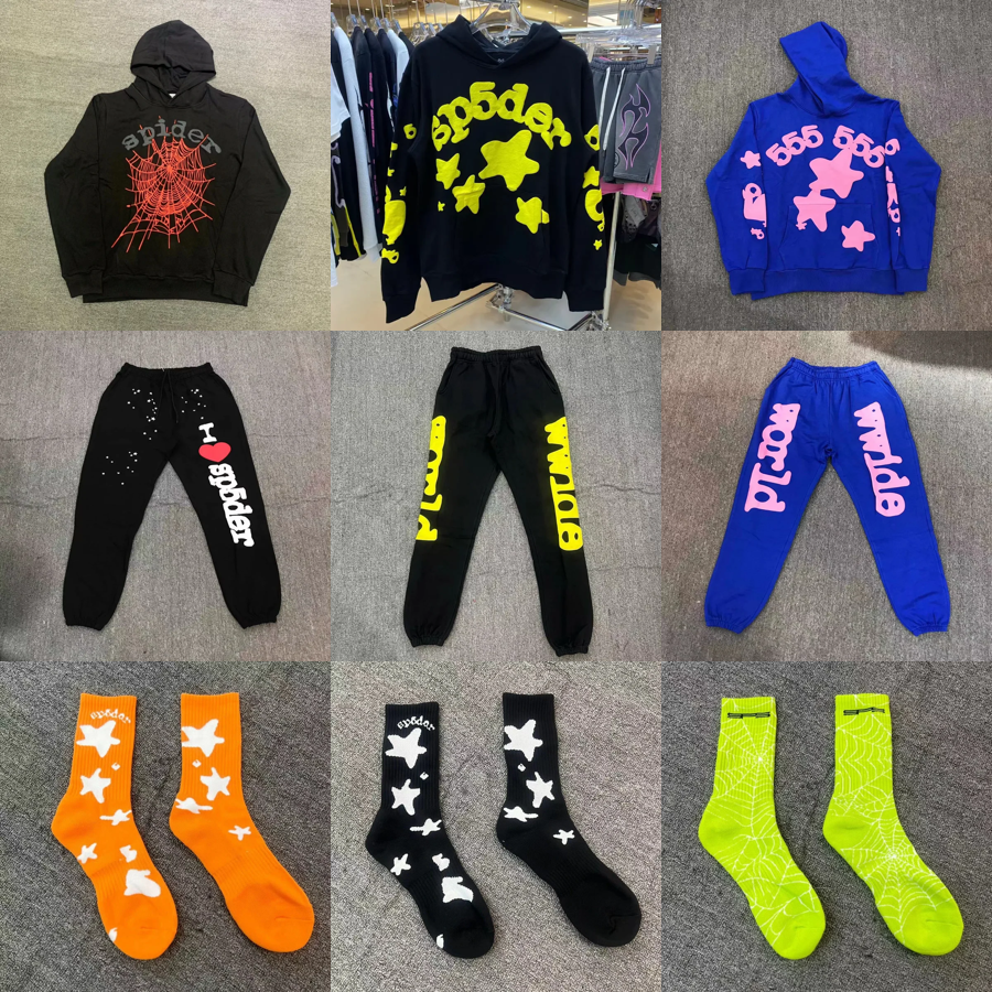 Sp5der Graphic Print Streetwear Hoodie Sweatpants and Socks Multicolor