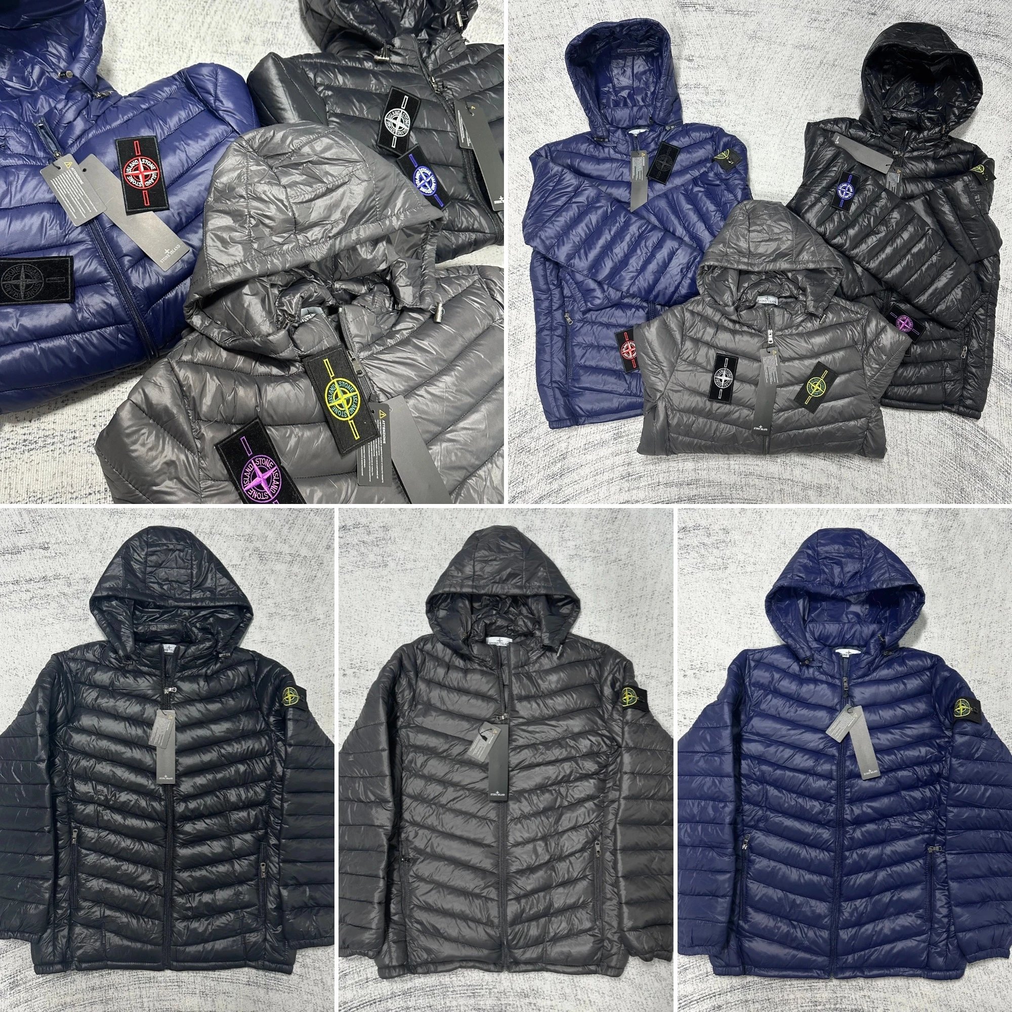 Stone Island Puffer Lightweight Hooded Jacket Black Navy and Gray