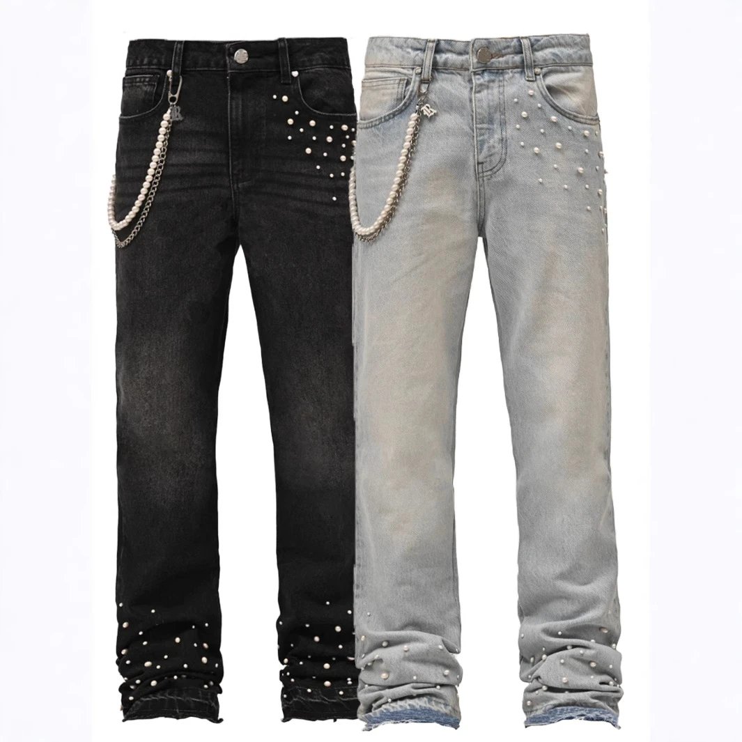Design Pearl Embellished Denim Jeans Distressed Pants Black and Light Blue