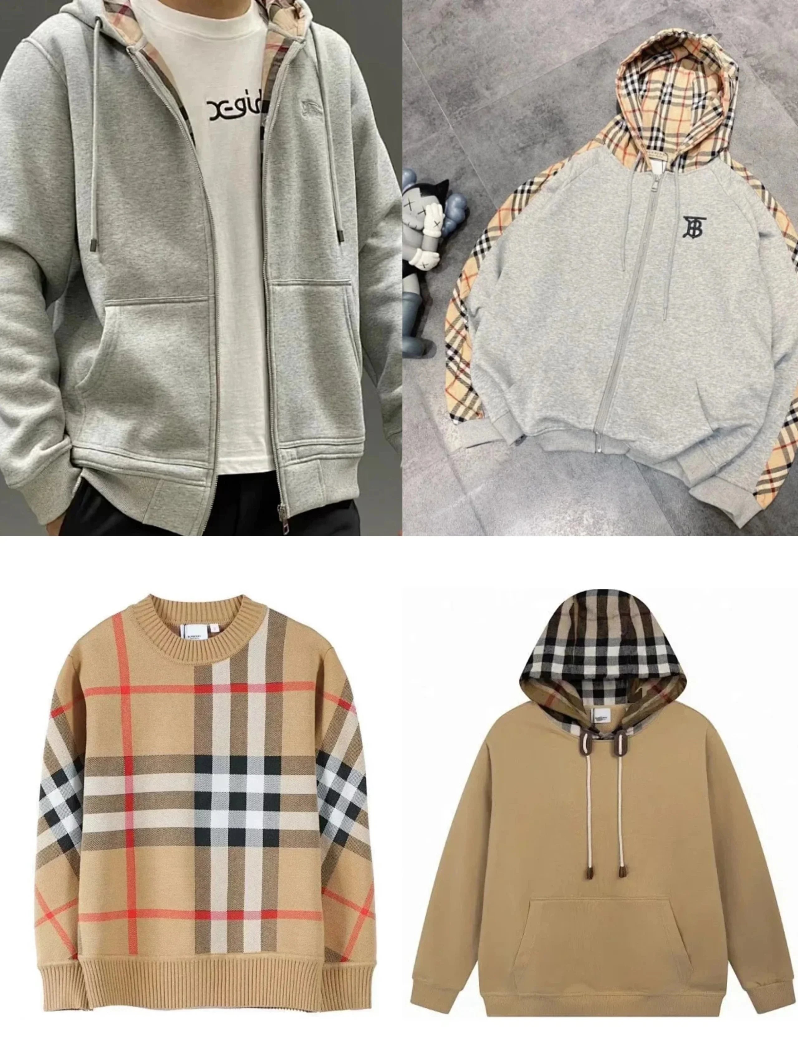 Burberry Check Panel Zip-Up Hoodie Casual Sweatshirt Gray