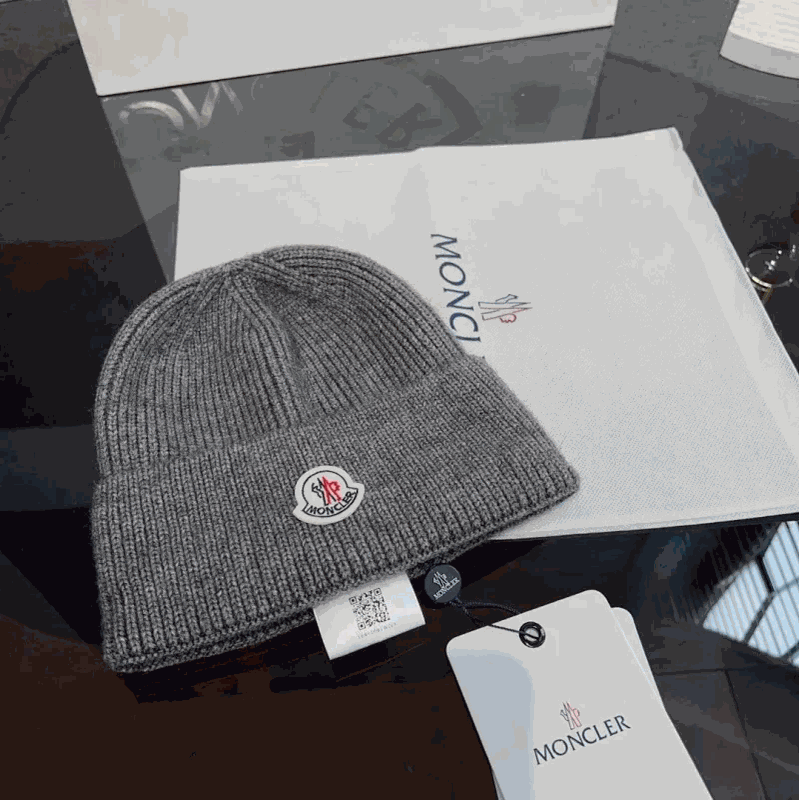 Moncler Ribbed Wool Beanie Winter Hat Gray