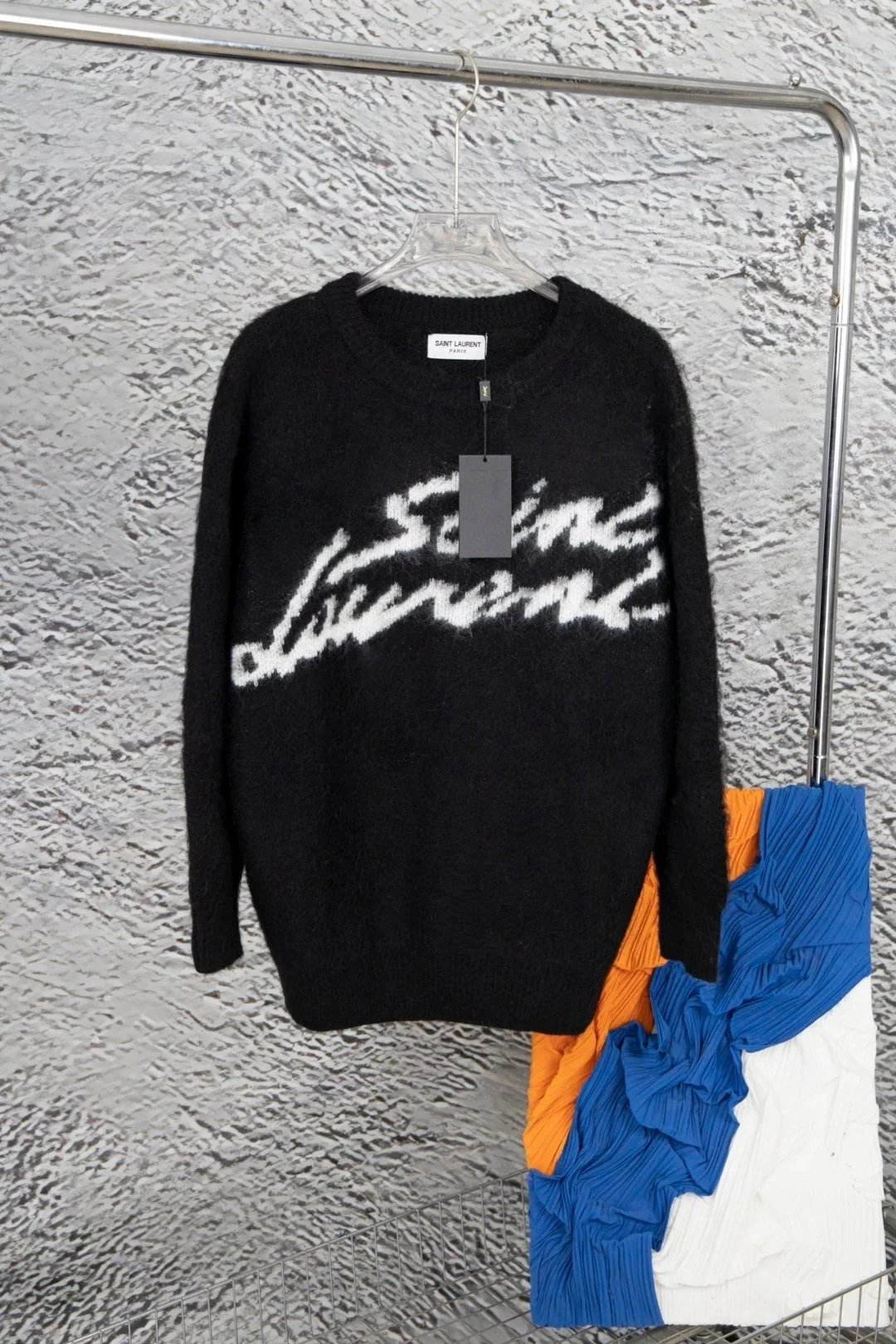 Saint Laurent YSL Signature Script Mohair Knit Sweater Black