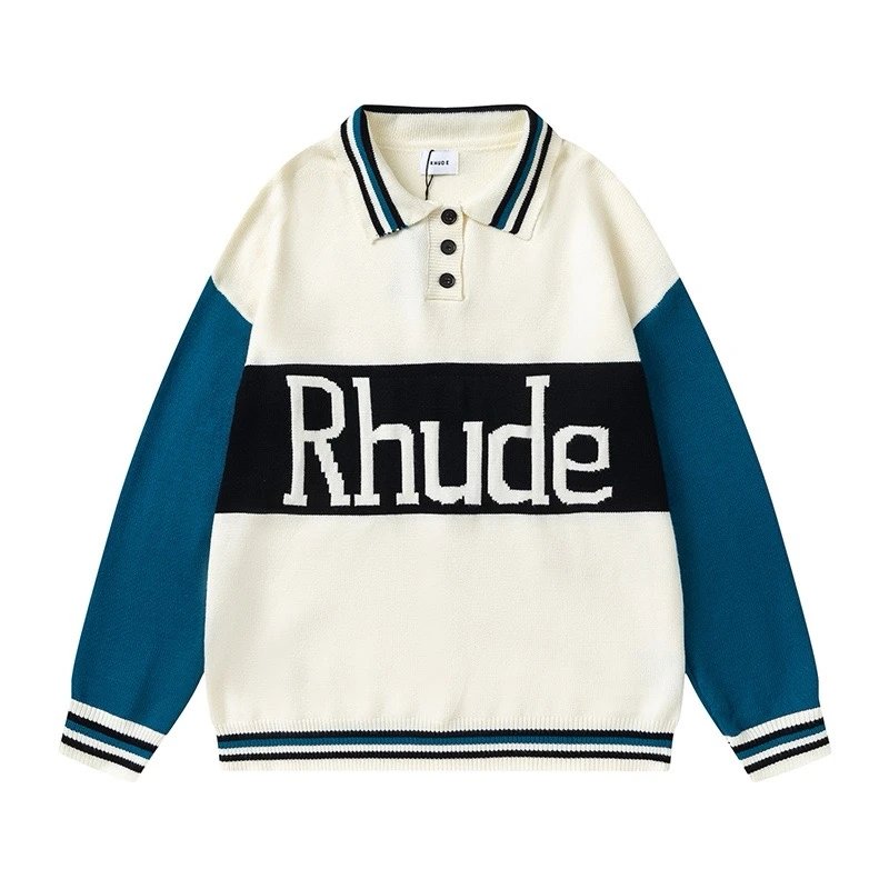 Rhude Colorblock Knit Polo Sweater White and Blue