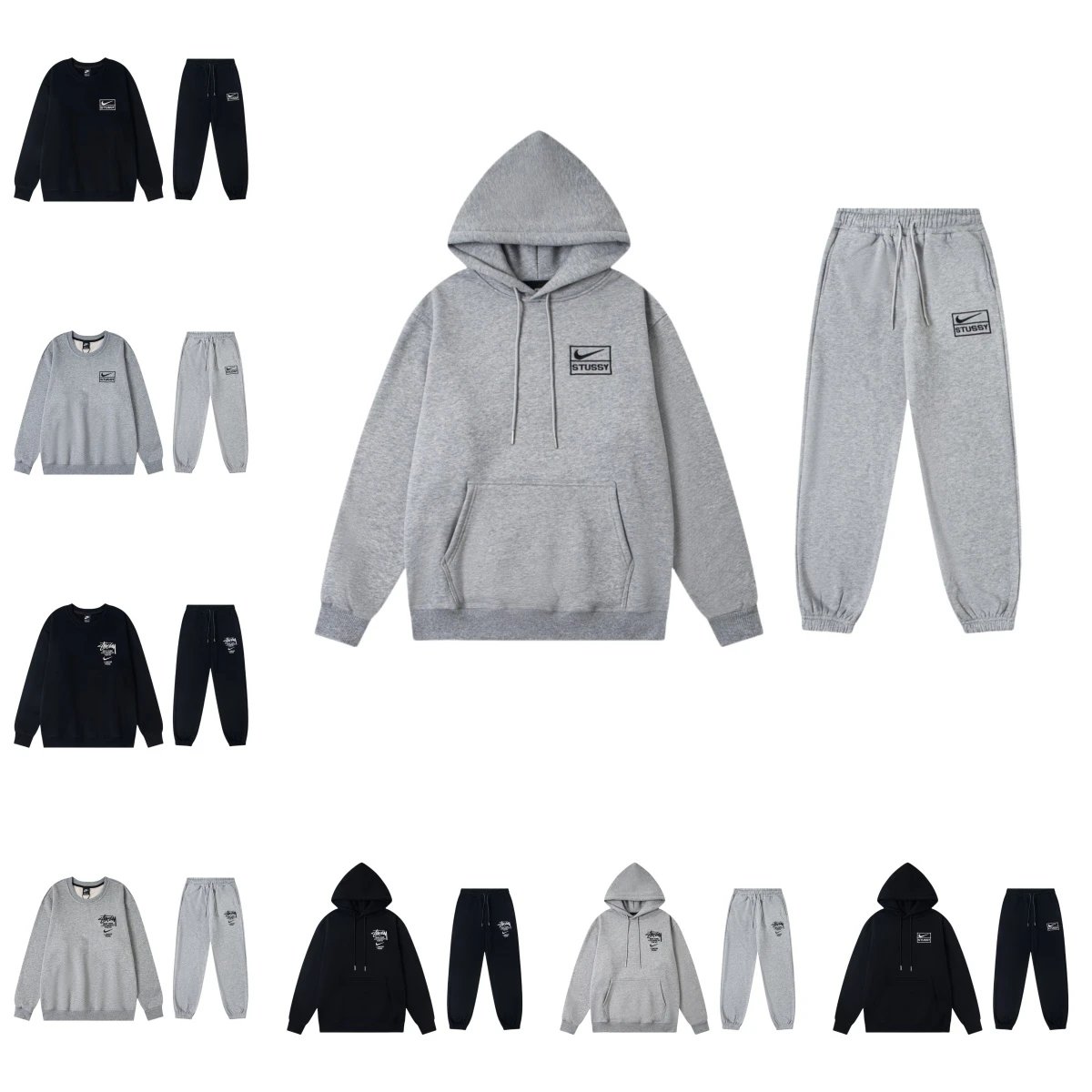 Nike x Stussy Collaborative Fleece Tracksuit Set Streetwear Hoodie and Joggers Gray