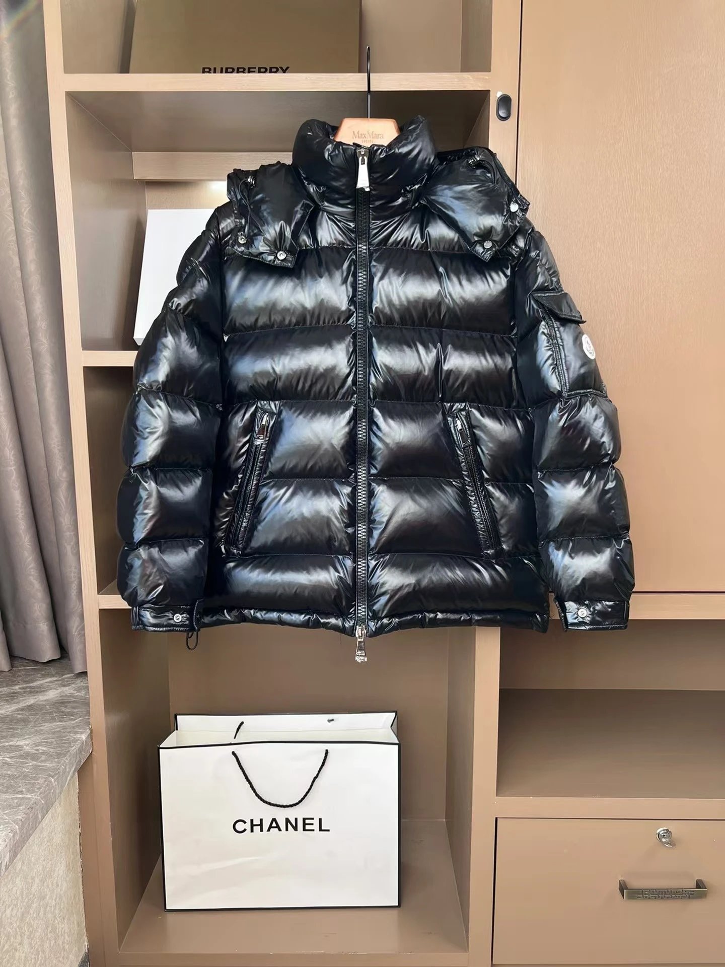 Moncler Maya Shiny Puffer Jacket Black