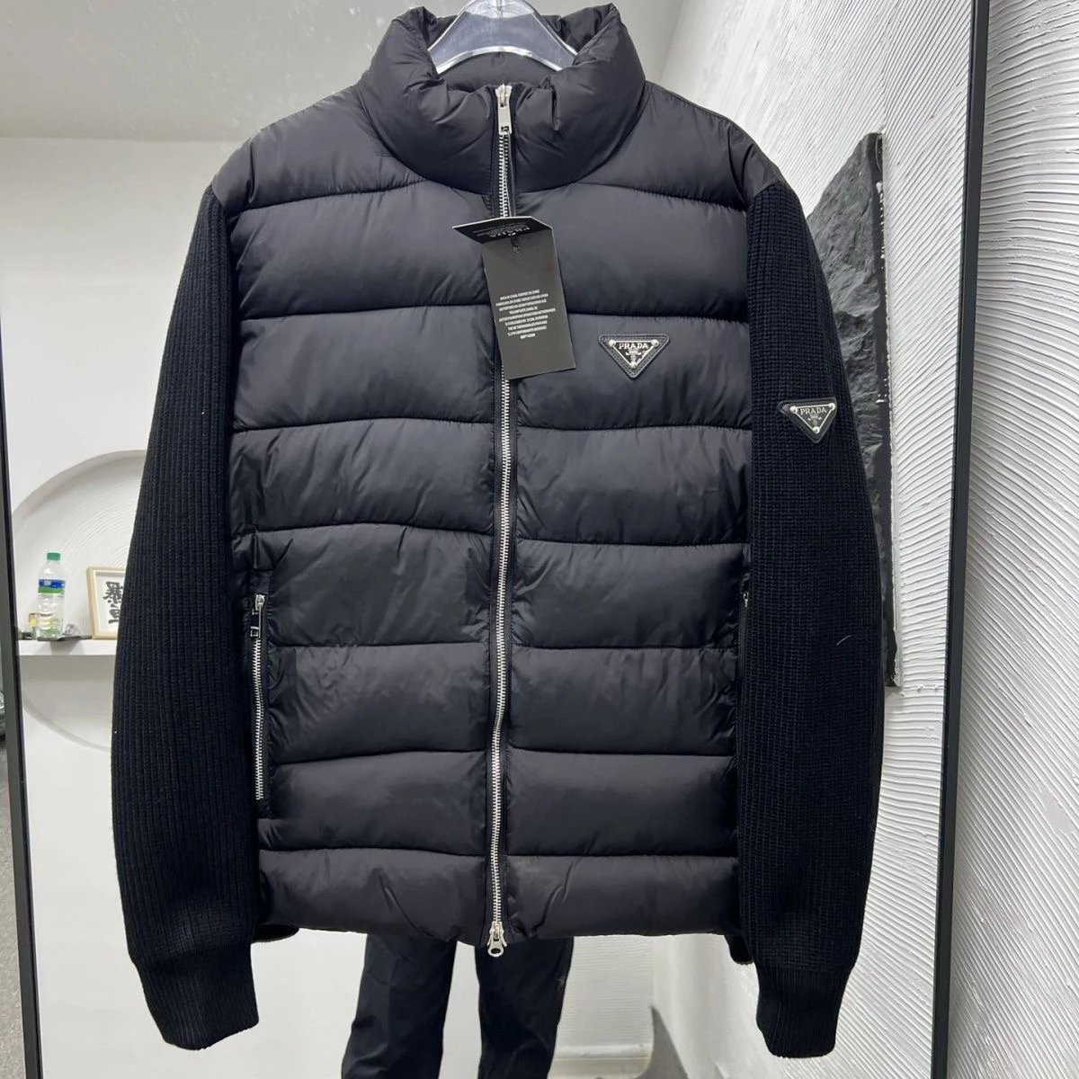Prada Hybrid Puffer Jacket Knit Sleeve Down Jacket Black