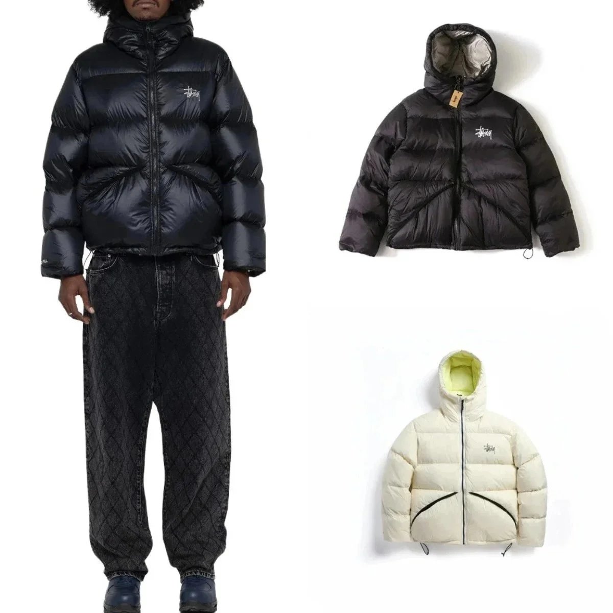 Stussy Ripstop Down Puffer Jacket Streetwear Puffer Jacket Black and White