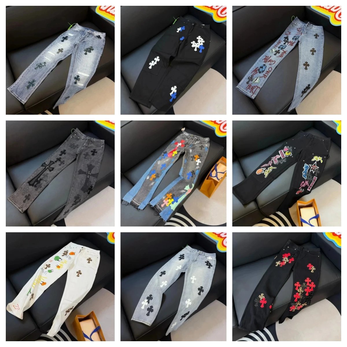 Chrome Hearts Cross Patch Denim Jeans Streetwear Pants Multicolor