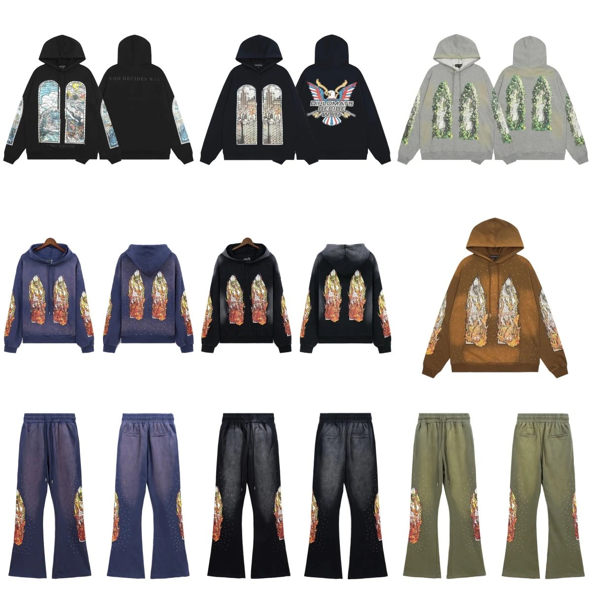 Who Decides War Stained Glass Graphic Streetwear Hoodie and Pants Multicolor