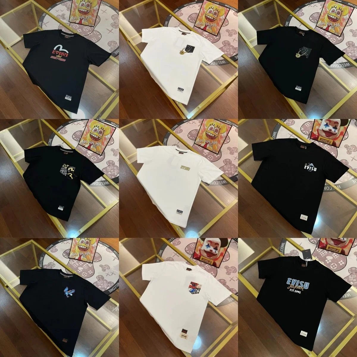 Evisu Graphic Print Cotton T-Shirt Black and White