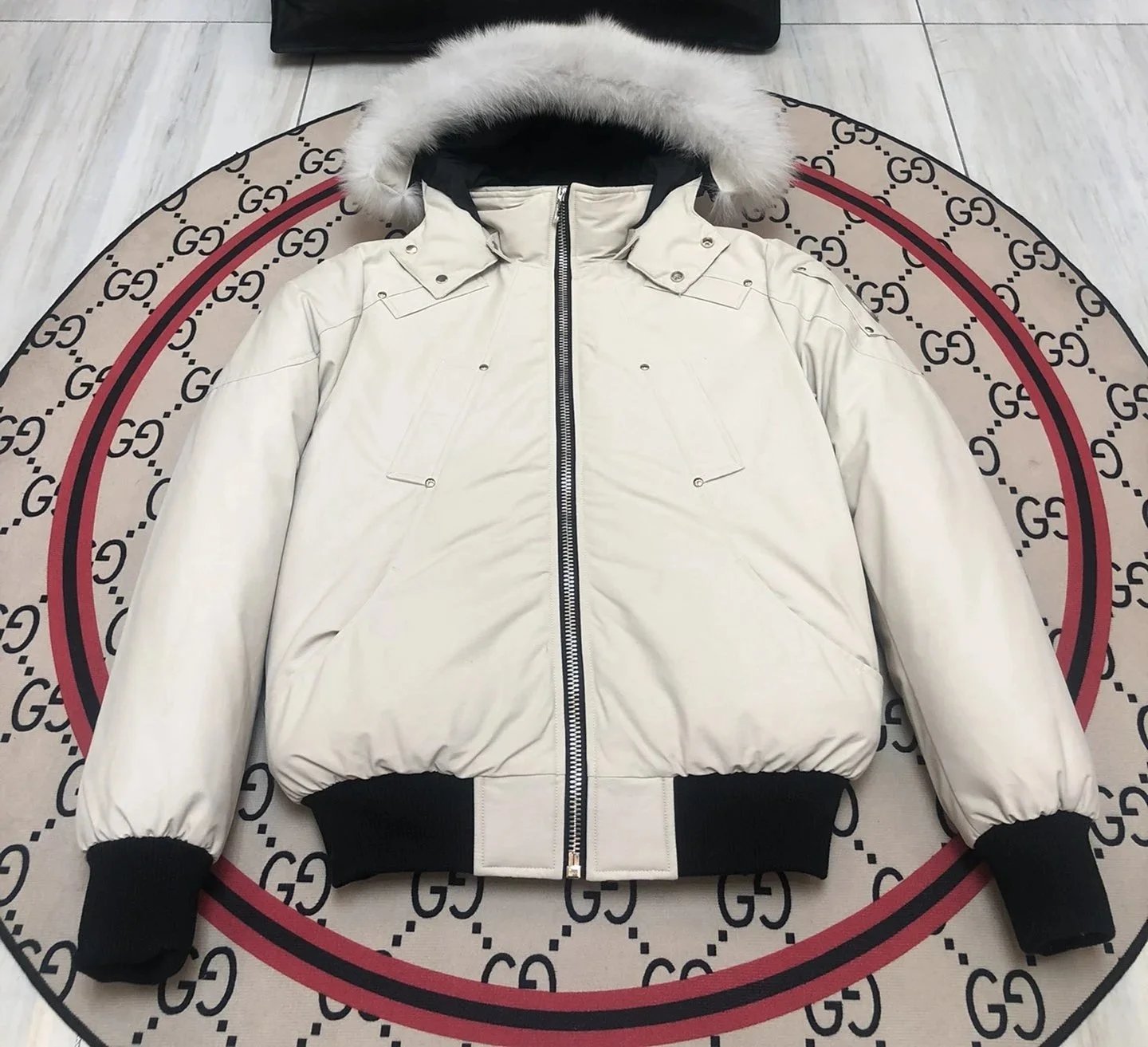 Moose Knuckles Stirling Parka Fur Hooded Bomber Jacket White