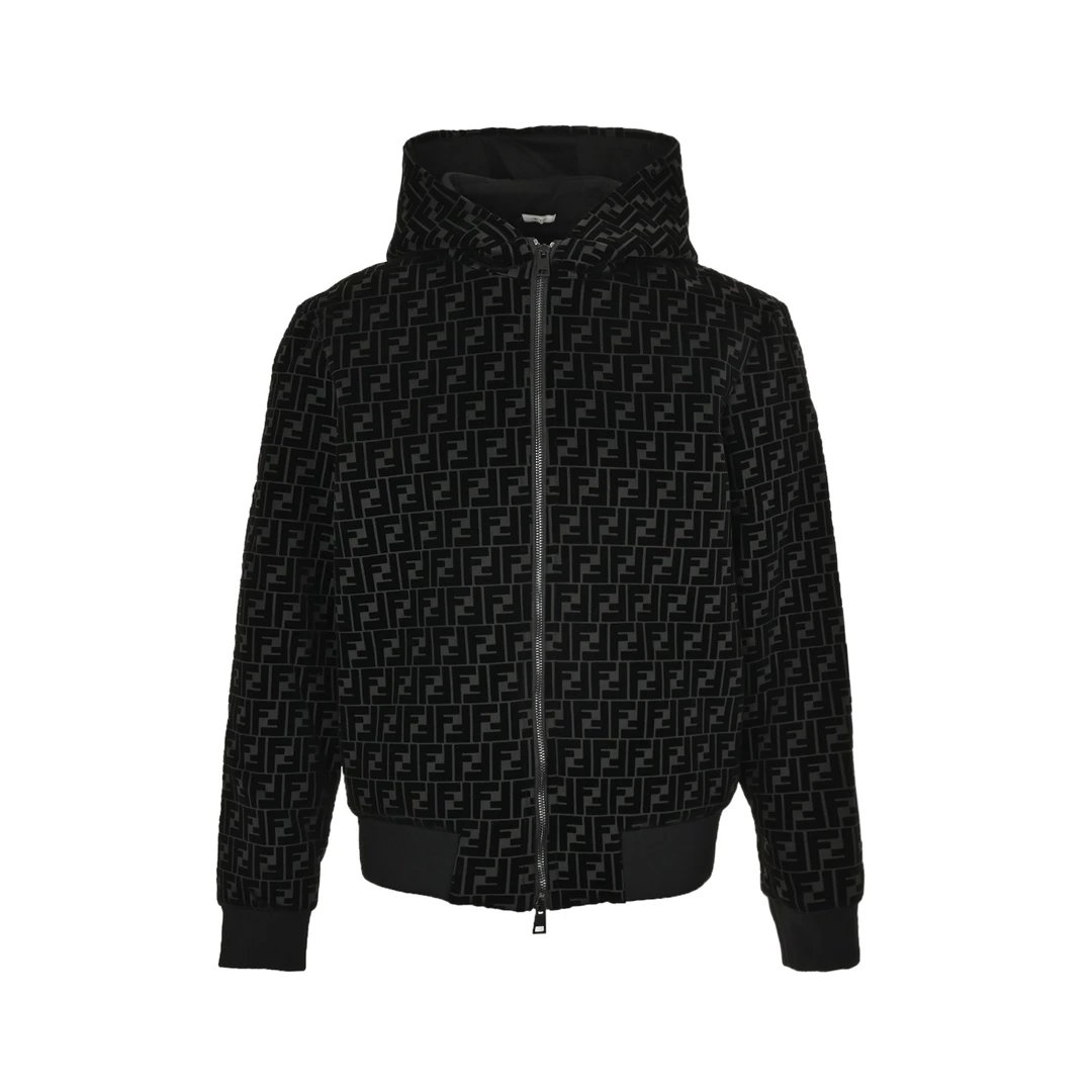 Fendi FF Monogram Velvet Zip-Up Hoodie Black