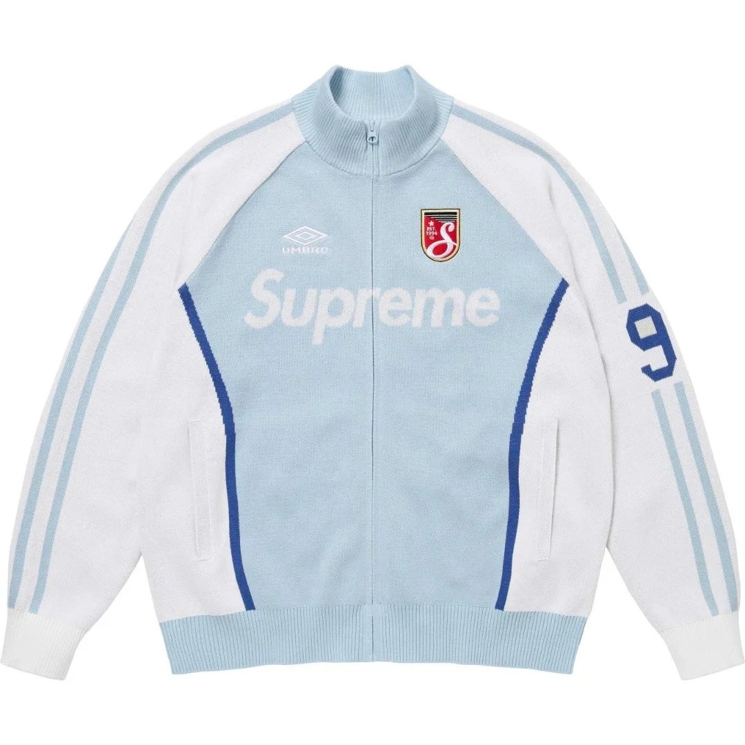 Supreme Umbro Knit Track Jacket Streetwear Zip-Up Light Blue and White