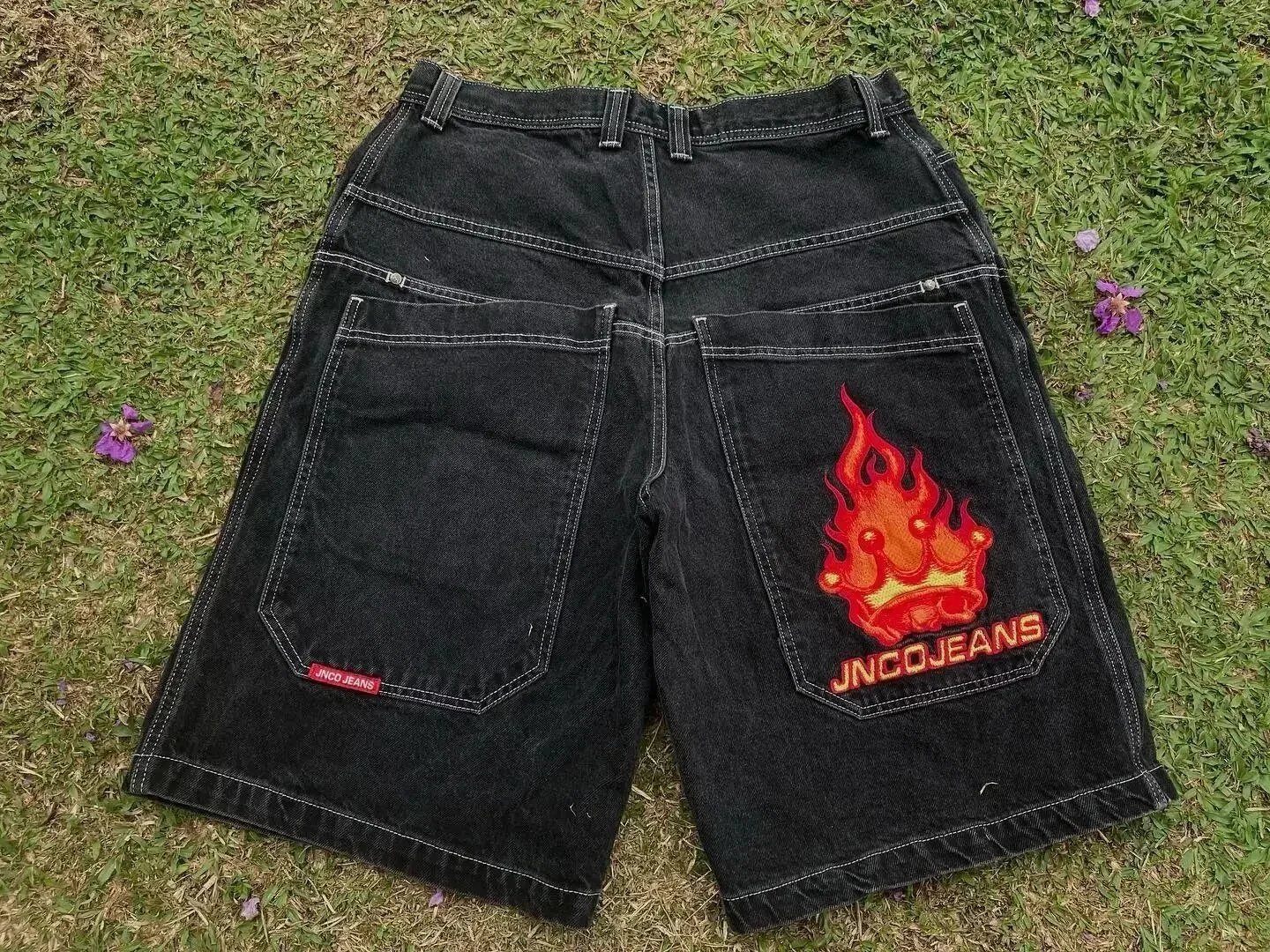 JNCO Flame Crown Oversized Denim Shorts Black