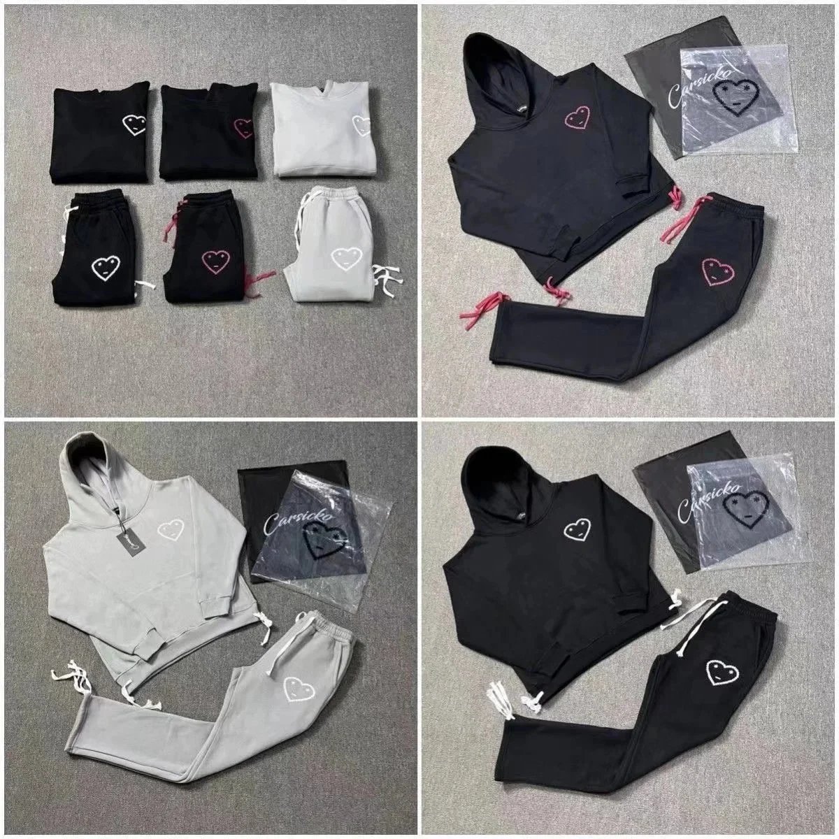 Carsicko Heart Print Streetwear Tracksuit Set Black and Gray