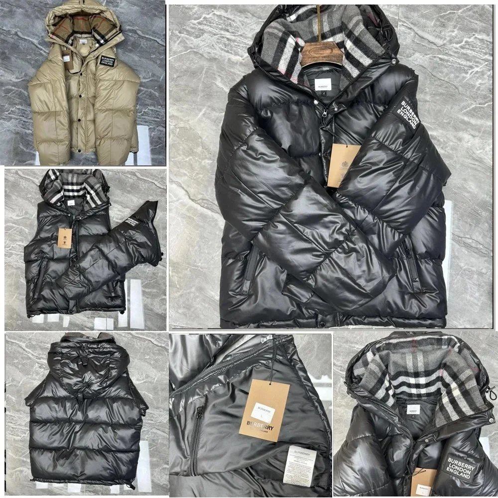 Burberry Check Lined Puffer Jacket Detachable Sleeves Black