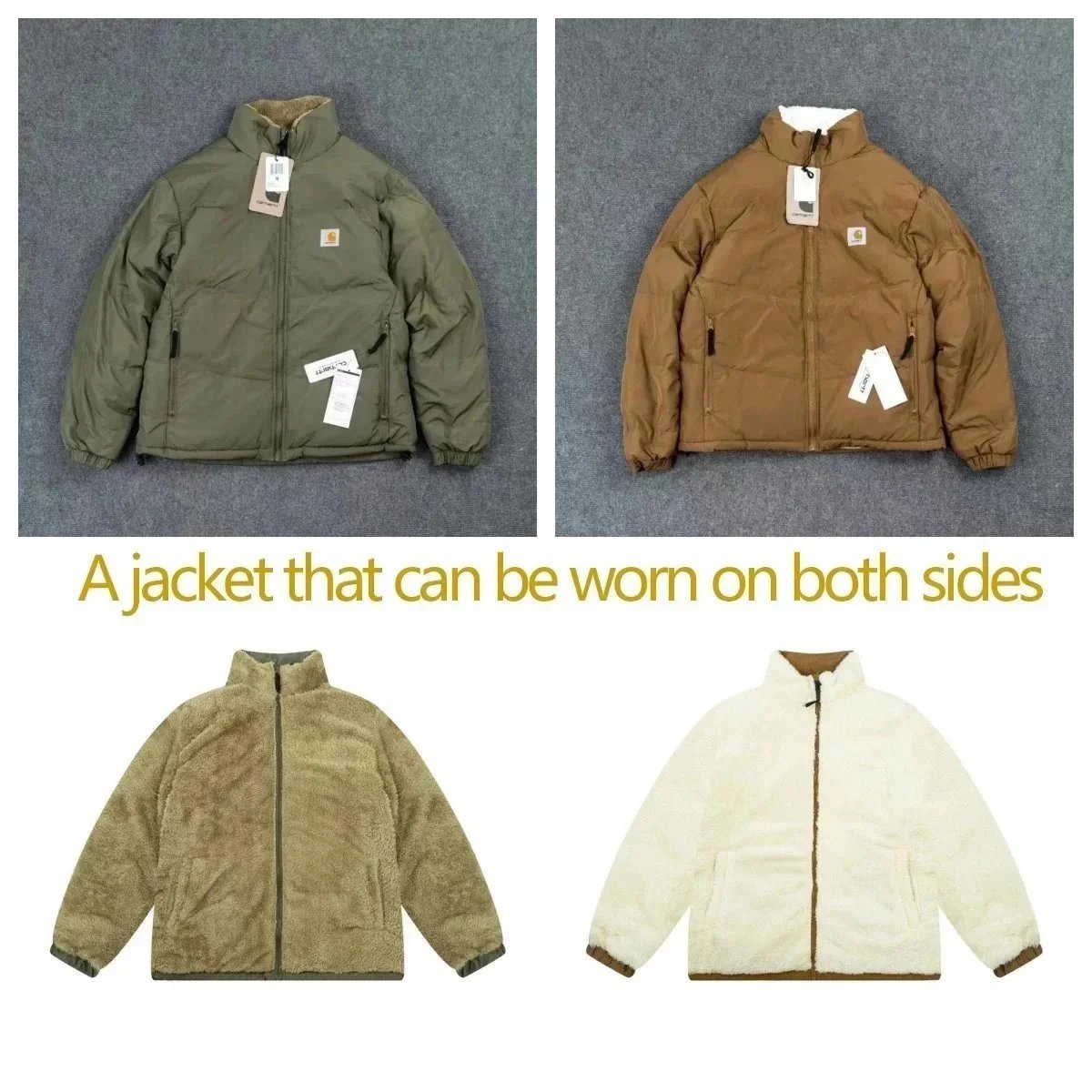 Carhartt Reversible Fleece Puffer Jacket Casual Winter Jacket Green and Brown