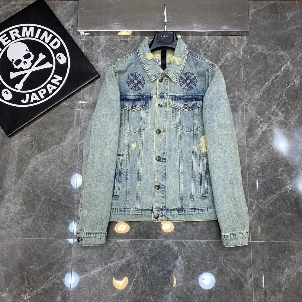 Chrome Hearts Cross Patch Distressed Denim Jacket Blue