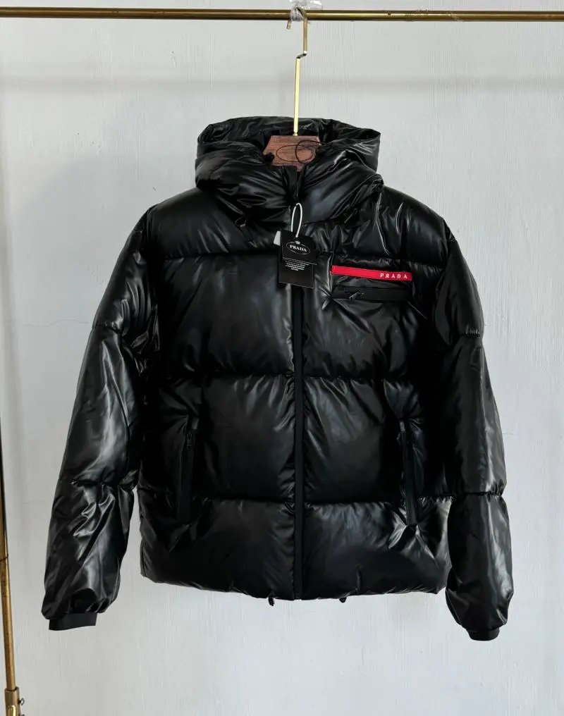 Prada Puffer Jacket Shiny Hooded Down Jacket Black