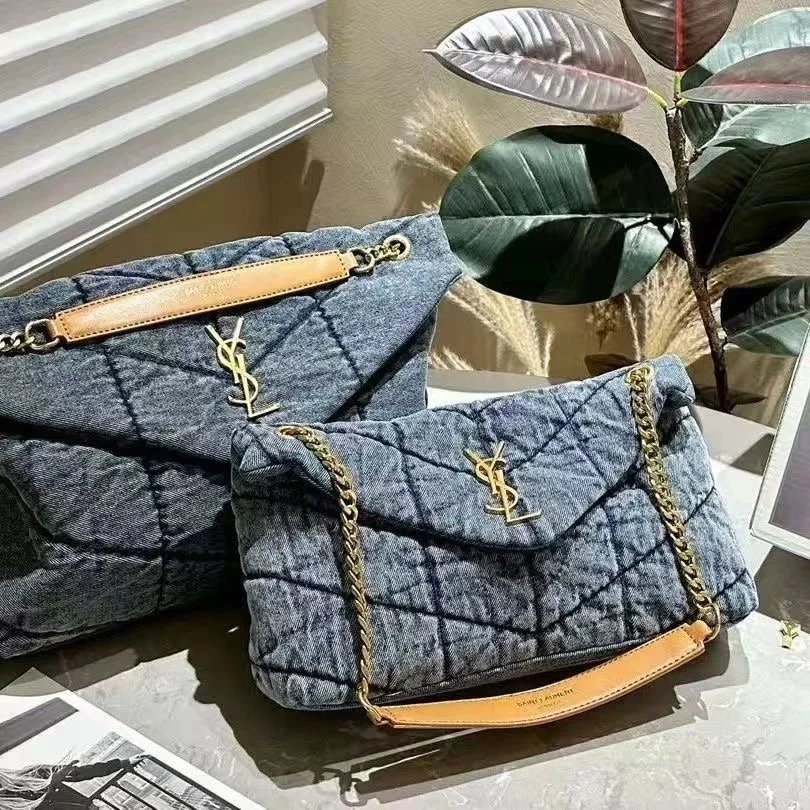 Saint Laurent YSL Loulou Puffer Quilted Denim Shoulder Bag Blue