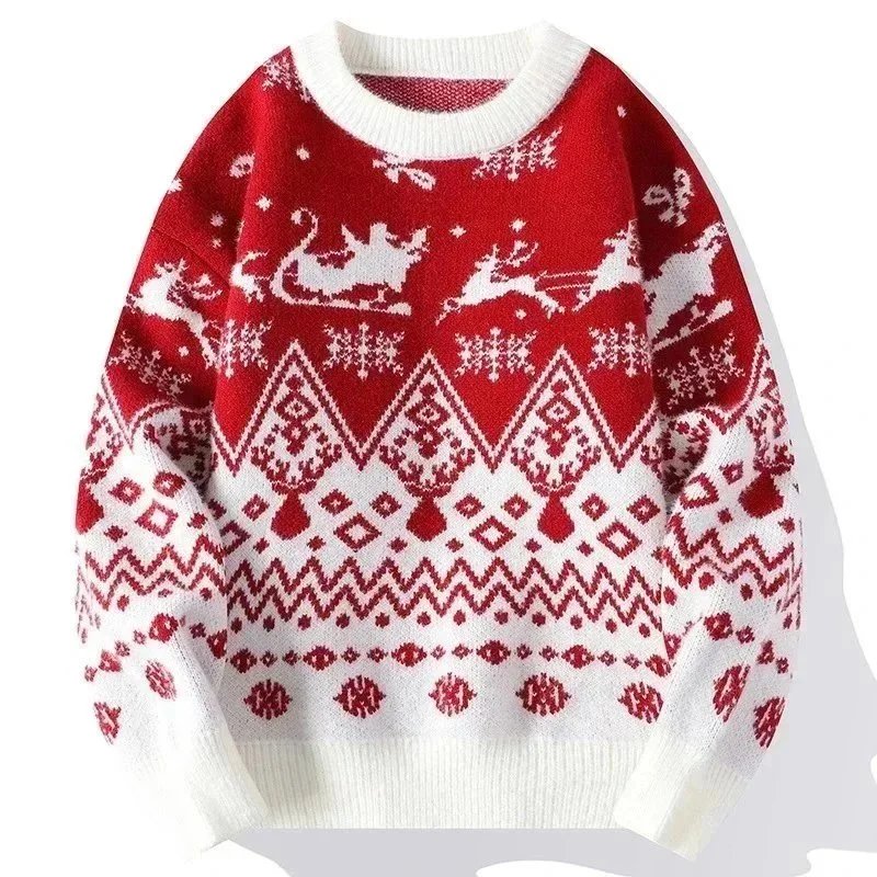Design Christmas Reindeer Pattern Festive Knit Sweater Red and White