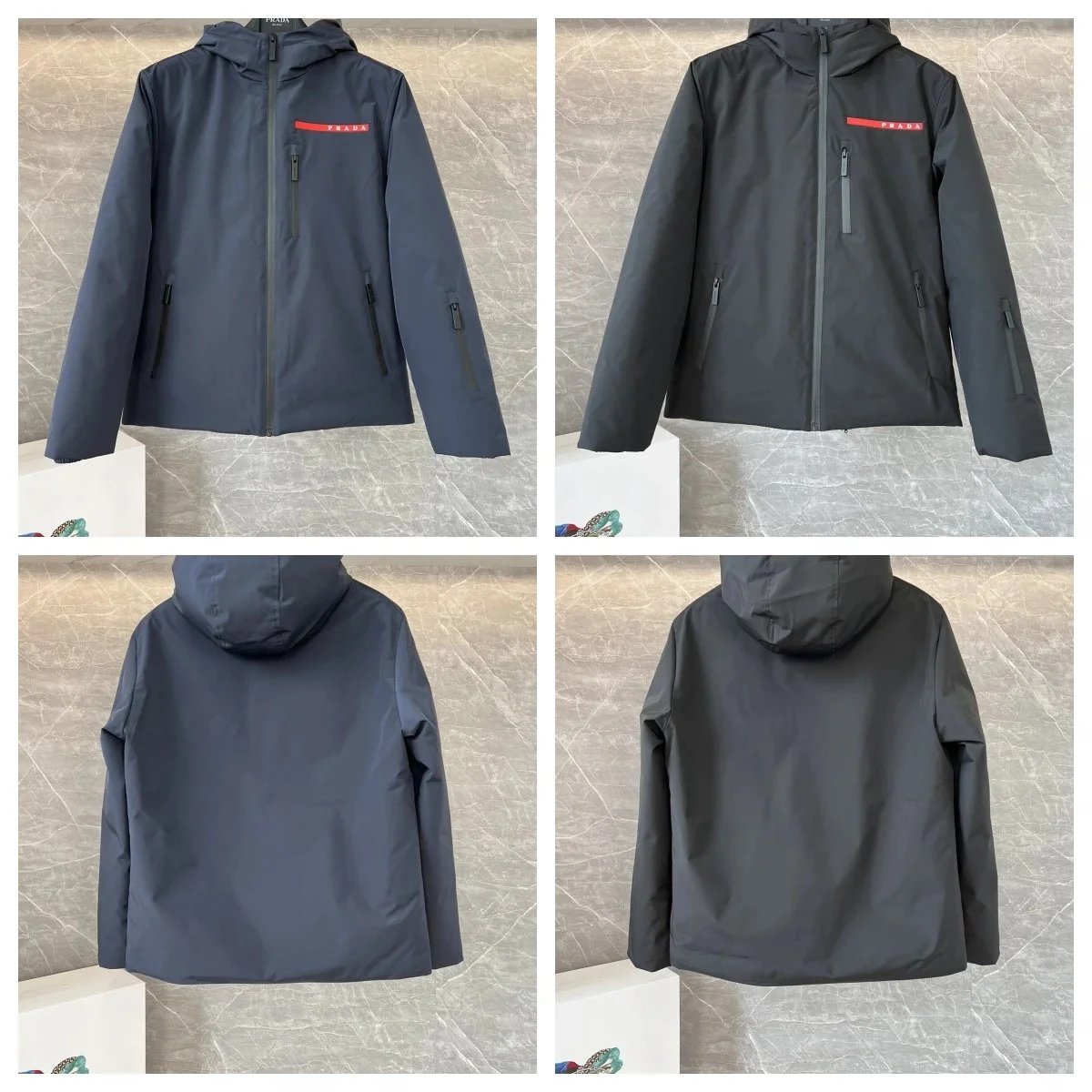 Prada Technical Fabric Hooded Jacket Lightweight Windbreaker Black and Navy