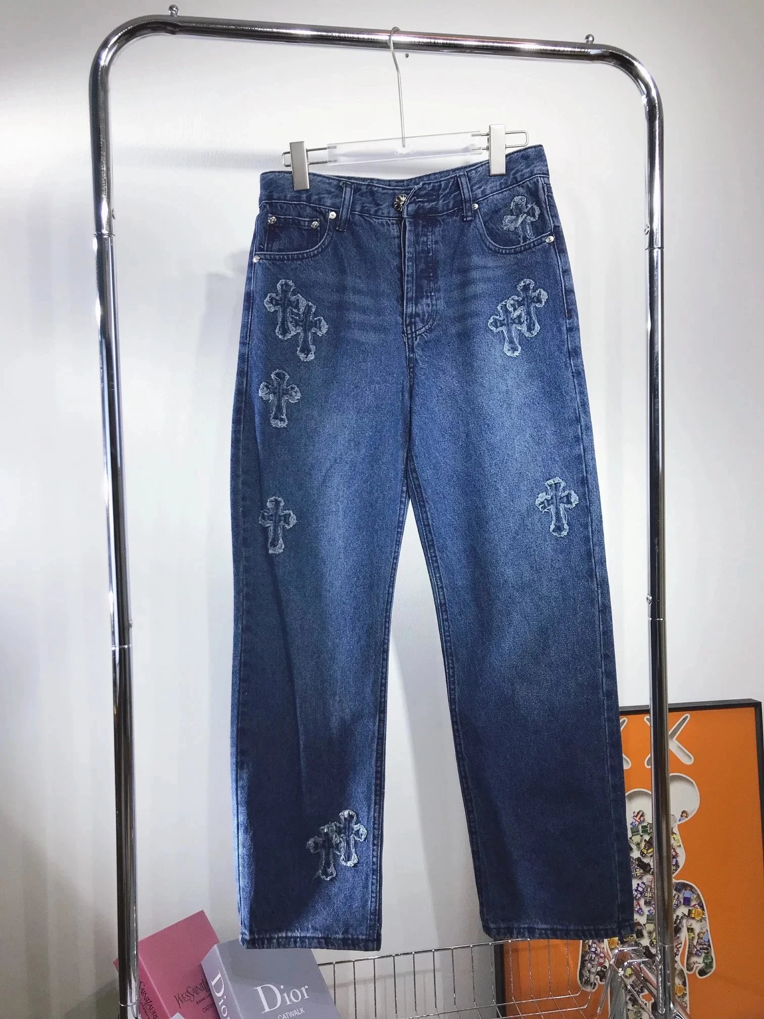 Chrome Hearts Cross Patch Denim Jeans Distressed Streetwear Pants Blue
