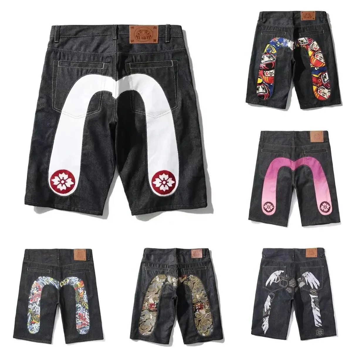 Evisu Seagull Print Denim Shorts Casual Streetwear Black