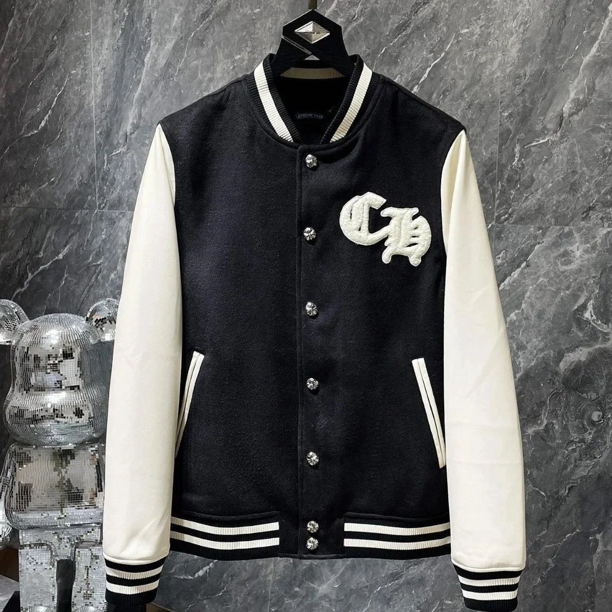 Chrome Hearts Varsity Jacket Leather Sleeve Streetwear Jacket Black and White