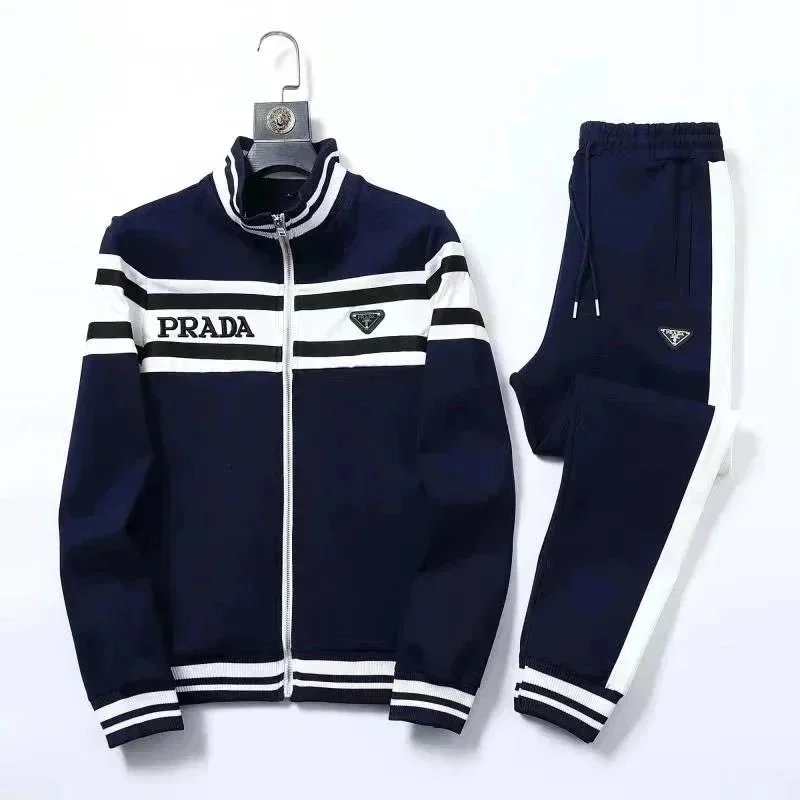 Prada Striped Casual Tracksuit Set Navy and White